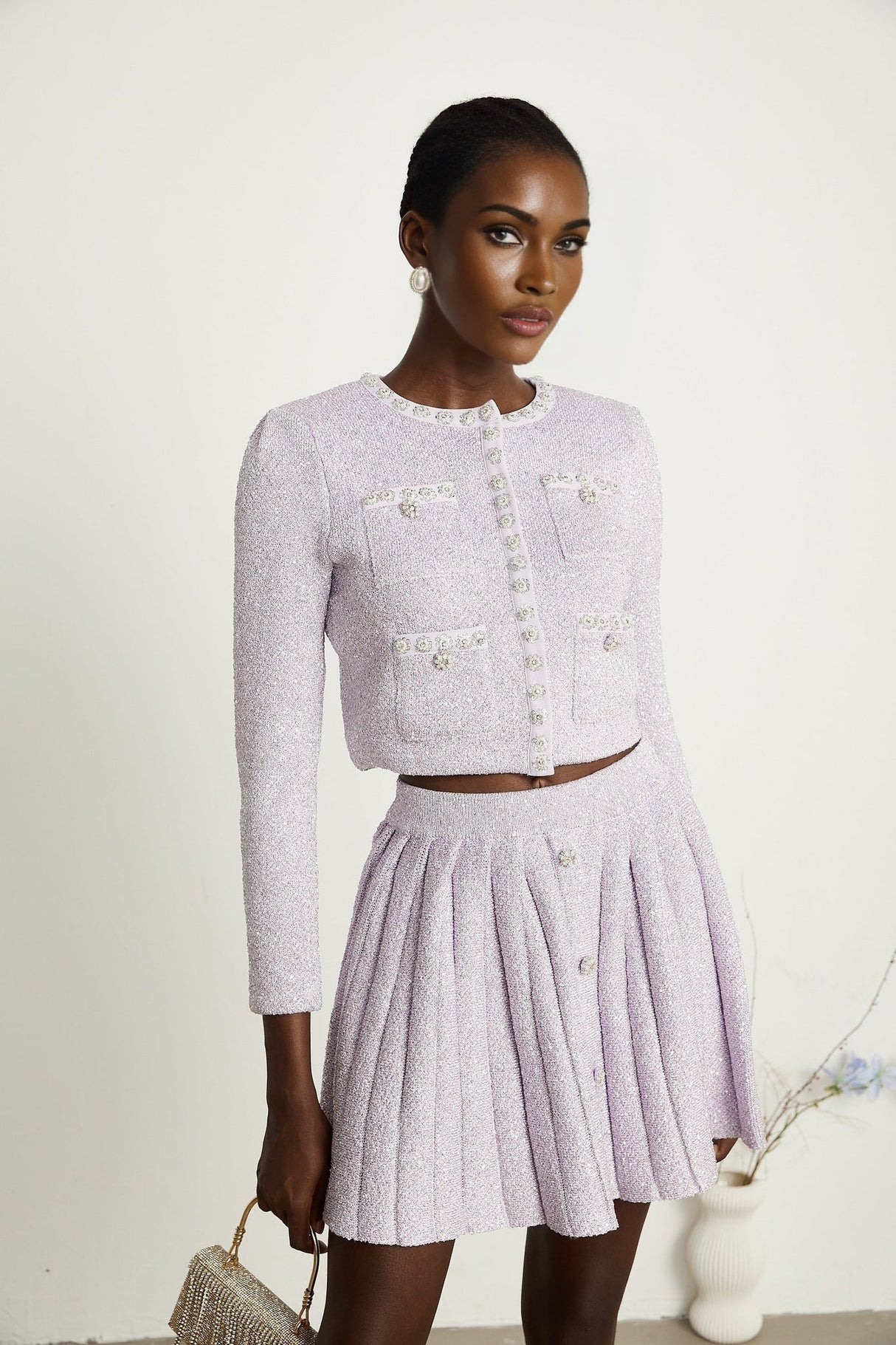 Denise Jacket & Skirt Set - Sequin Detailing - Faux - Pearl Embellishment - Front Button Fastening - Four Patch Pockets - Full Pleated