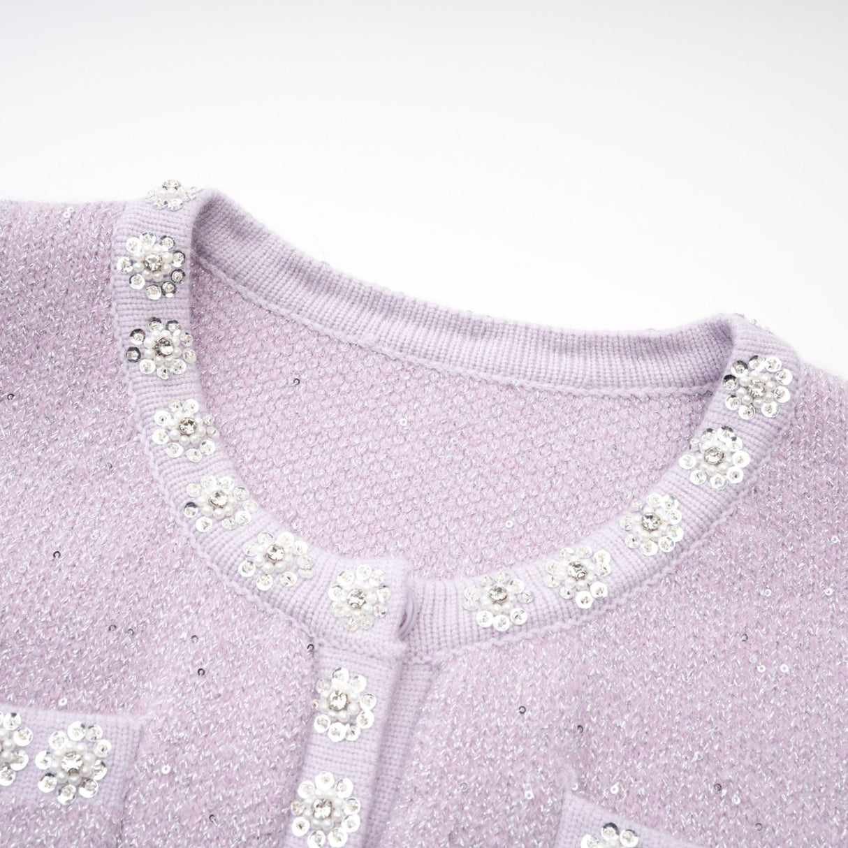 Denise Jacket & Skirt Set - Sequin Detailing - Faux - Pearl Embellishment - Front Button Fastening - Four Patch Pockets - Full Pleated