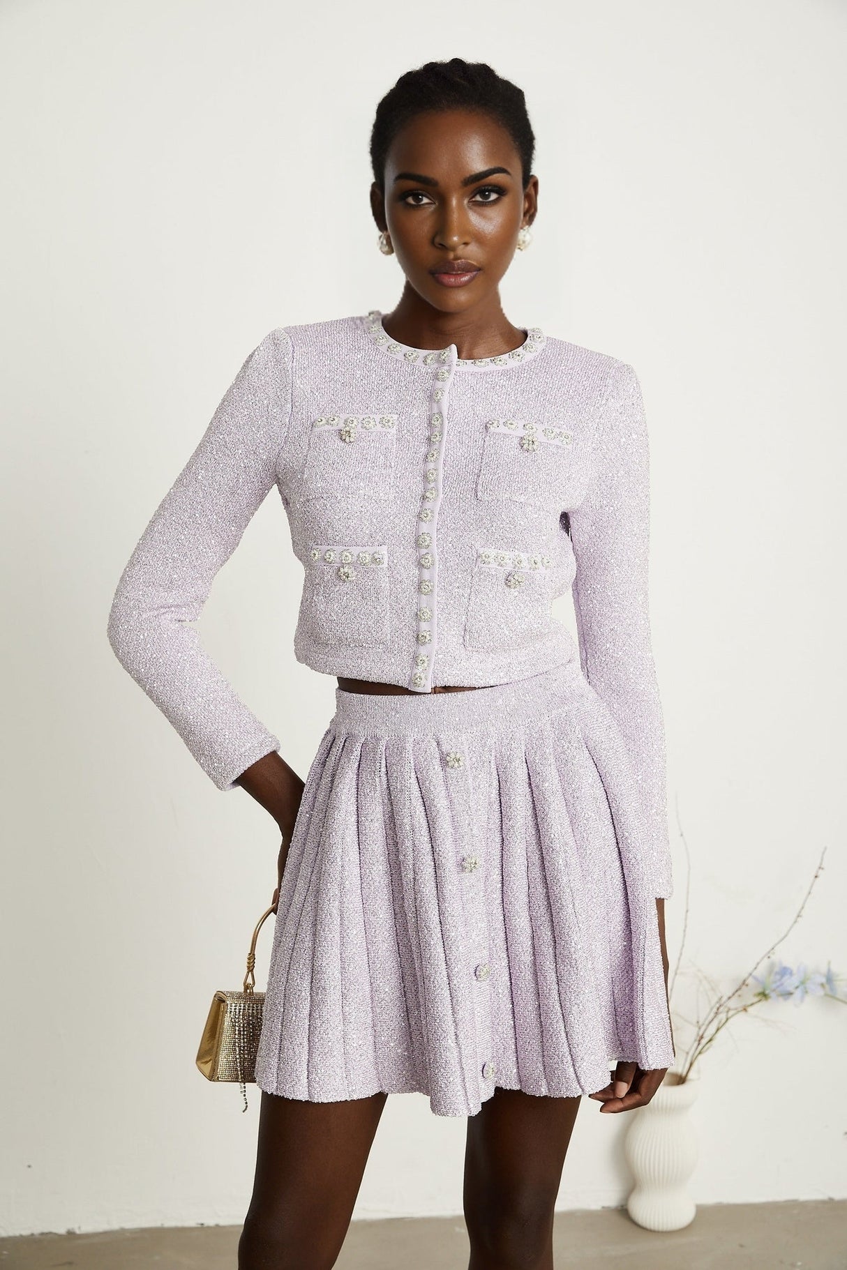 Denise Jacket & Skirt Set - Sequin Detailing - Faux - Pearl Embellishment - Front Button Fastening - Four Patch Pockets - Full Pleated