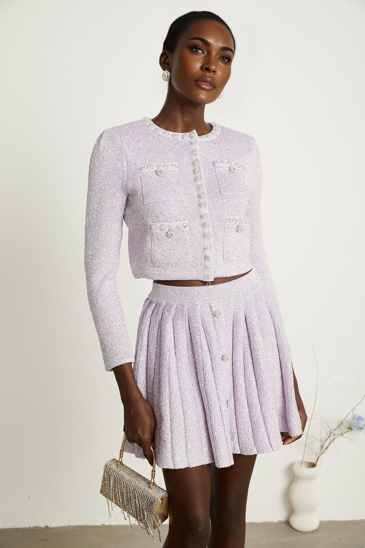 Denise Jacket & Skirt Set - Sequin Detailing - Faux - Pearl Embellishment - Front Button Fastening - Four Patch Pockets - Full Pleated