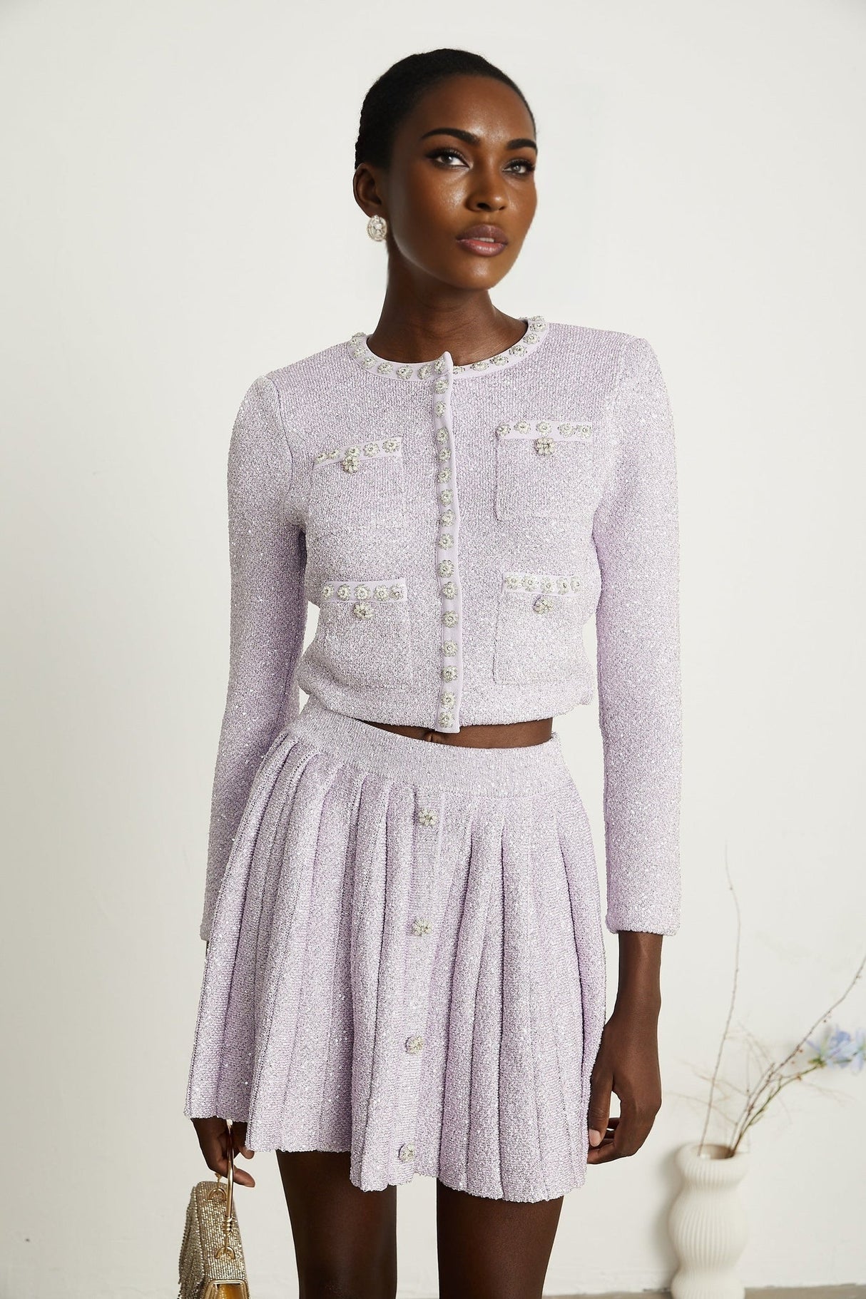 Denise Jacket & Skirt Set - Sequin Detailing - Faux - Pearl Embellishment - Front Button Fastening - Four Patch Pockets - Full Pleated