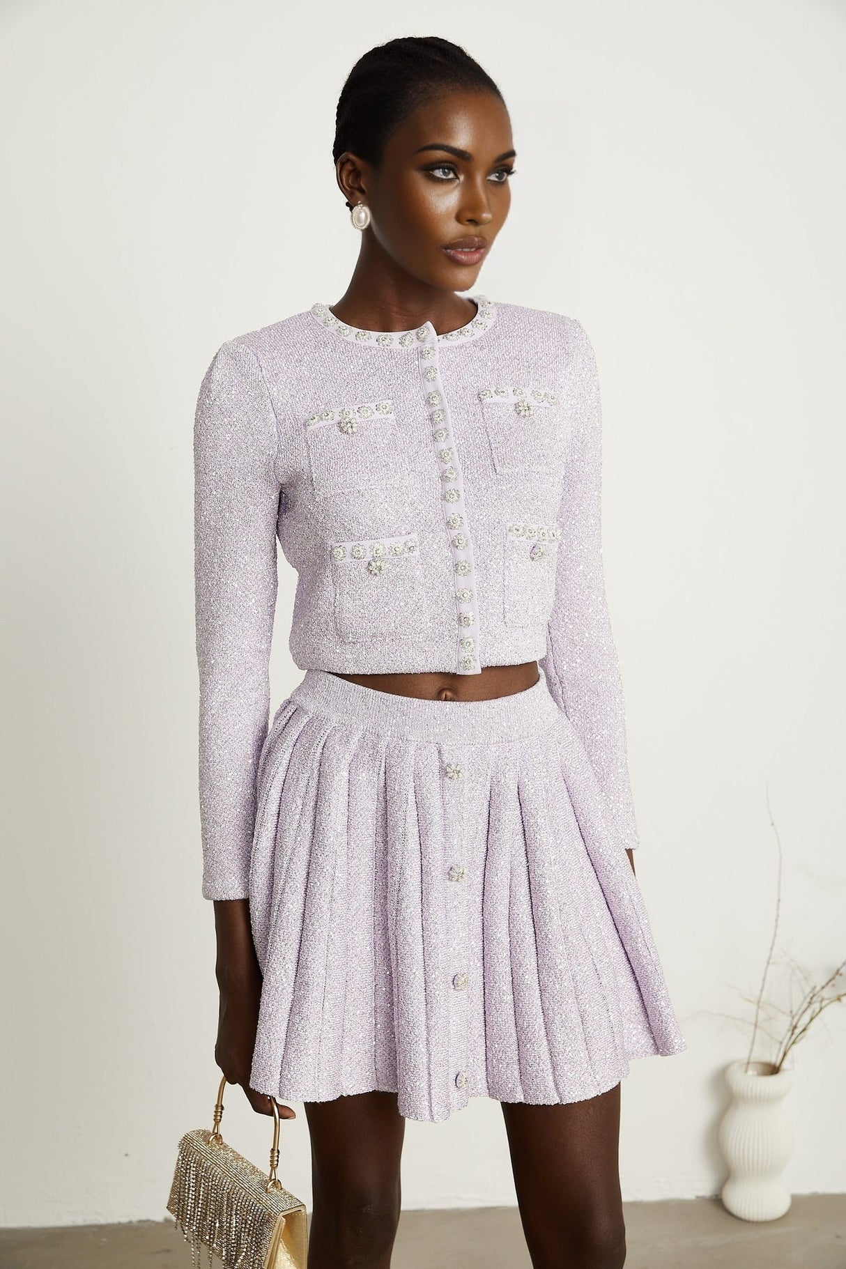 Denise Jacket & Skirt Set - Sequin Detailing - Faux - Pearl Embellishment - Front Button Fastening - Four Patch Pockets - Full Pleated