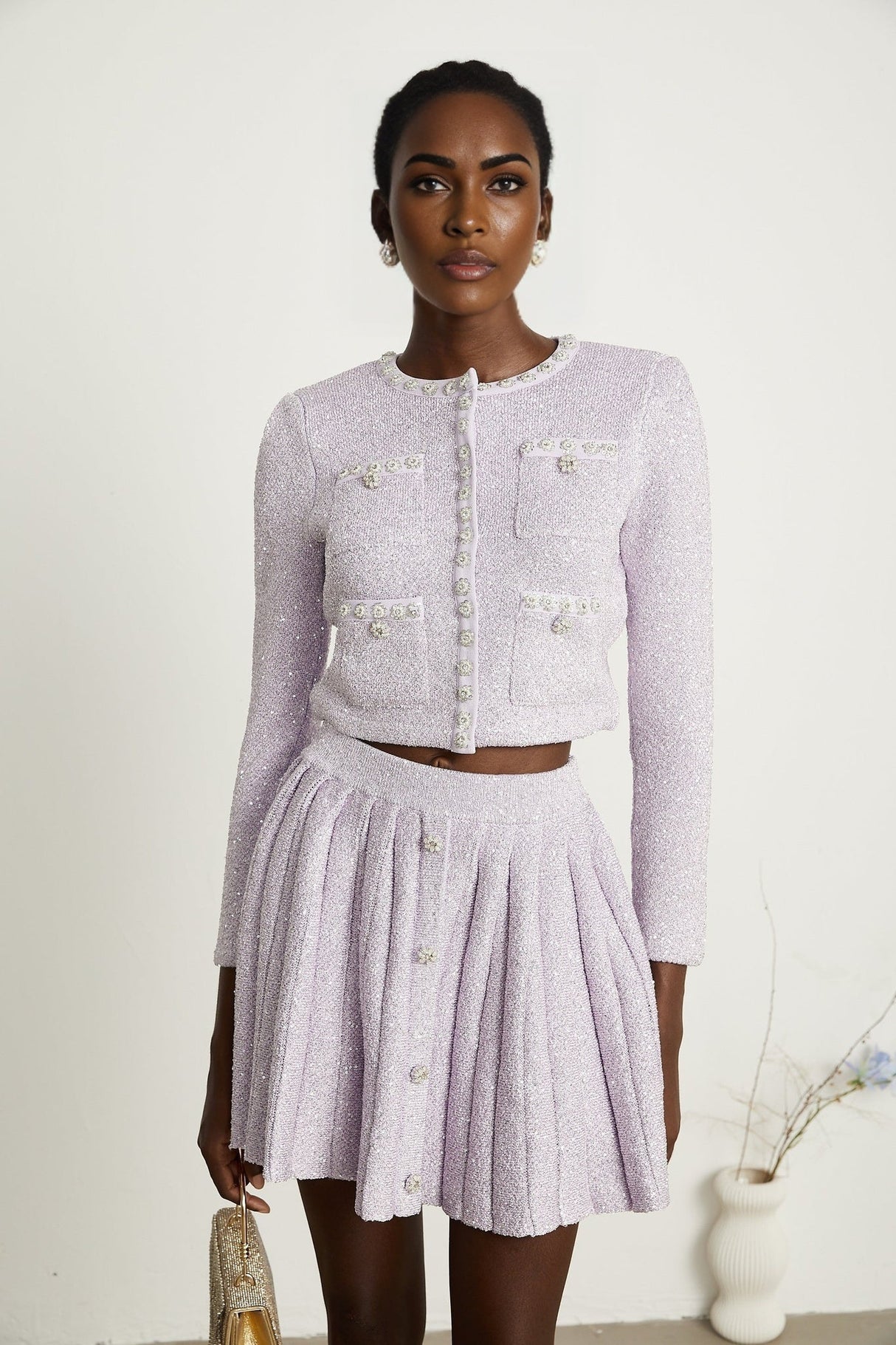 Denise Jacket & Skirt Set - Sequin Detailing - Faux - Pearl Embellishment - Front Button Fastening - Four Patch Pockets - Full Pleated