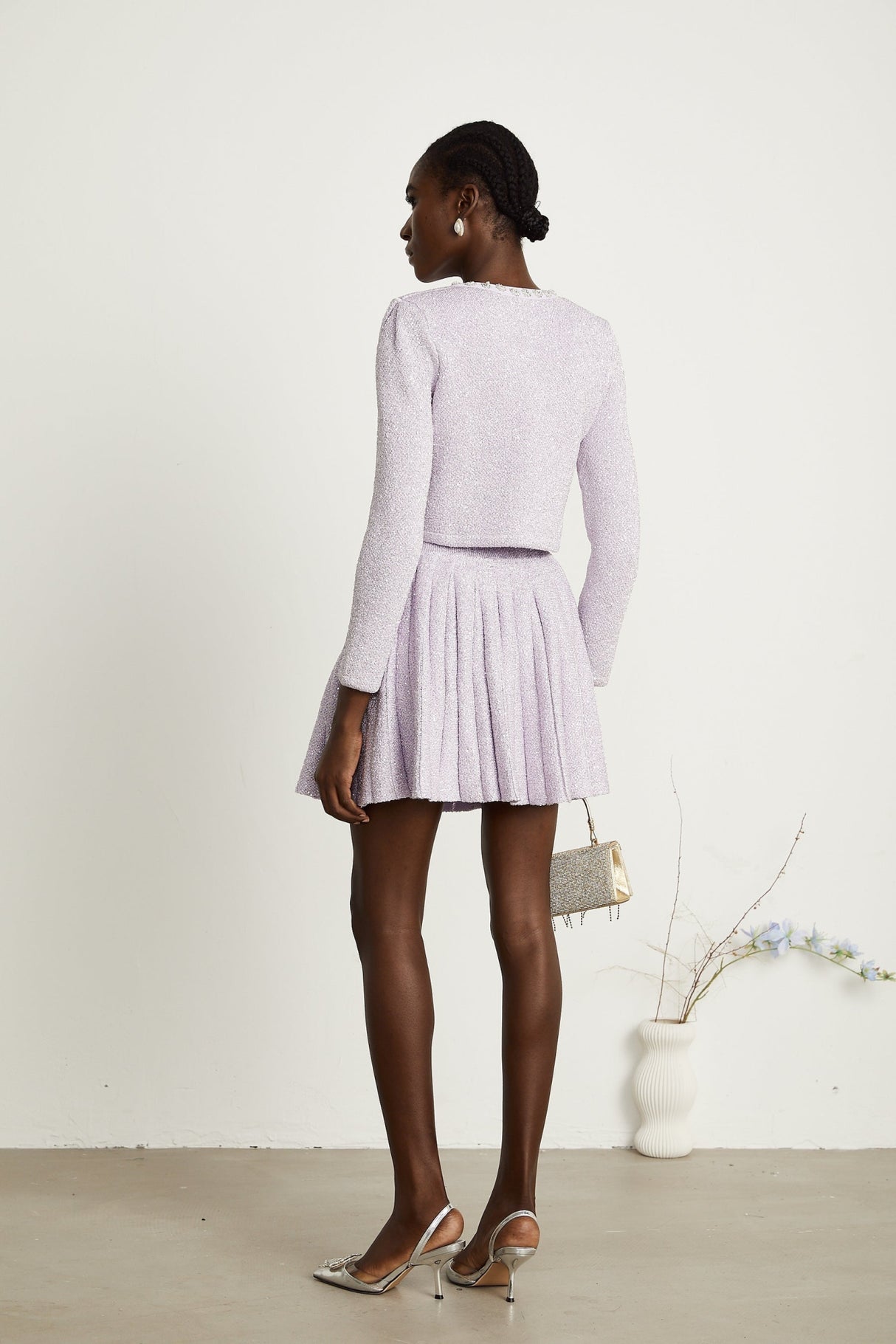 Denise Jacket & Skirt Set - Sequin Detailing - Faux - Pearl Embellishment - Front Button Fastening - Four Patch Pockets - Full Pleated