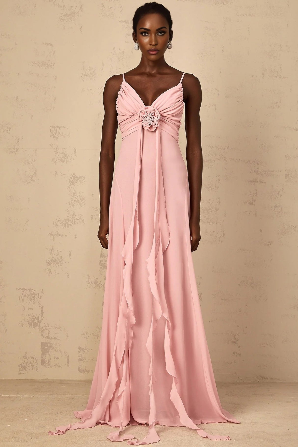Denise Maxi Dress Pink 3D Petal Tulle & Ribbon Design