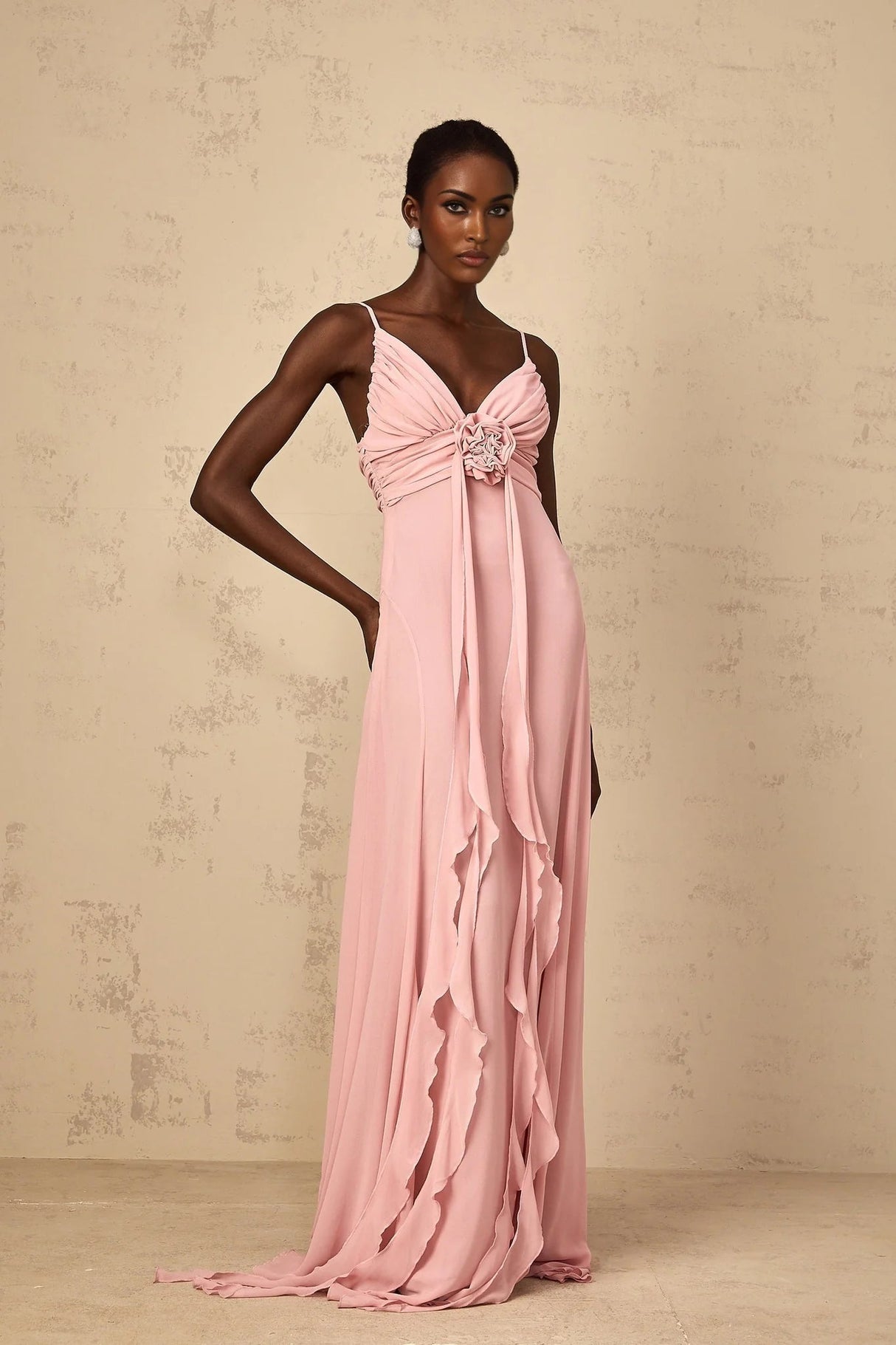 Denise Maxi Dress Pink 3D Petal Tulle & Ribbon Design