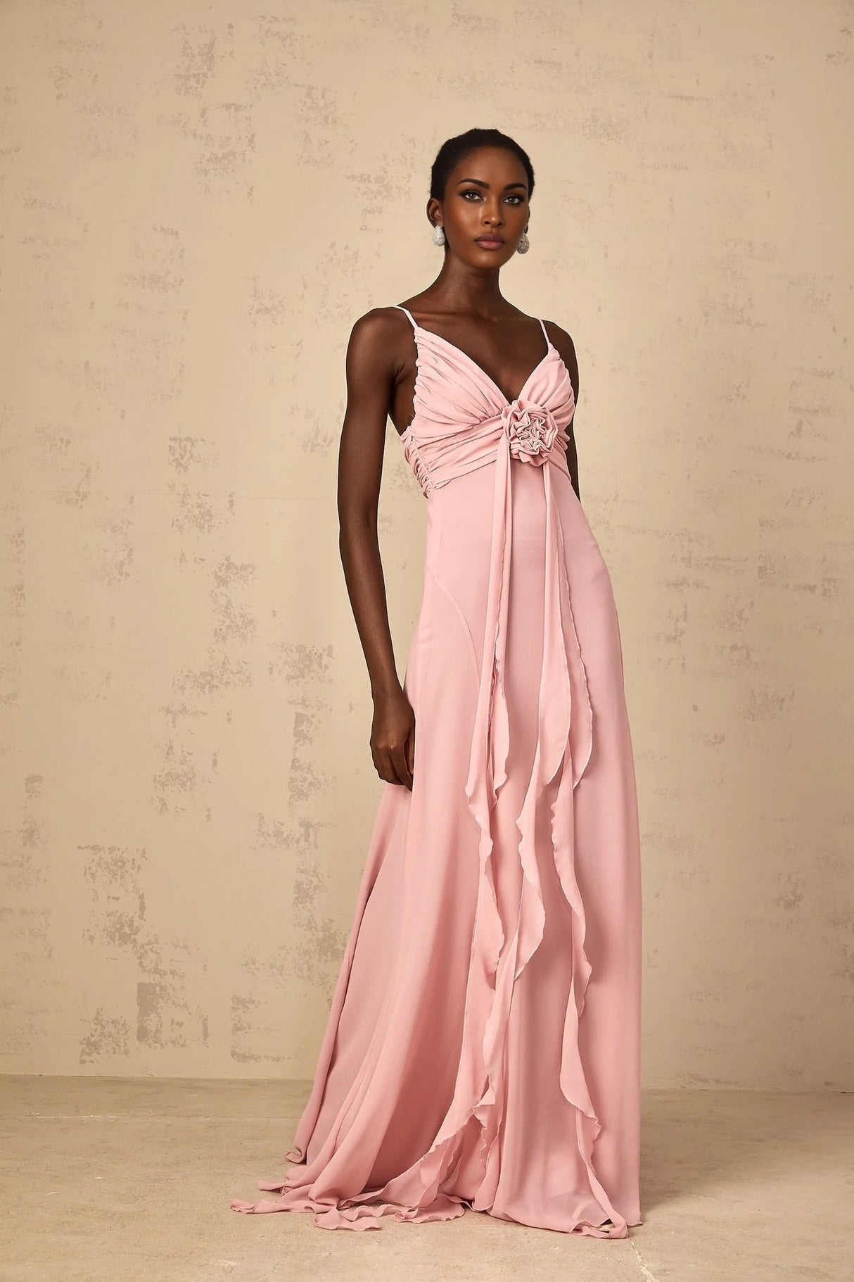 Denise Maxi Dress Pink 3D Petal Tulle & Ribbon Design