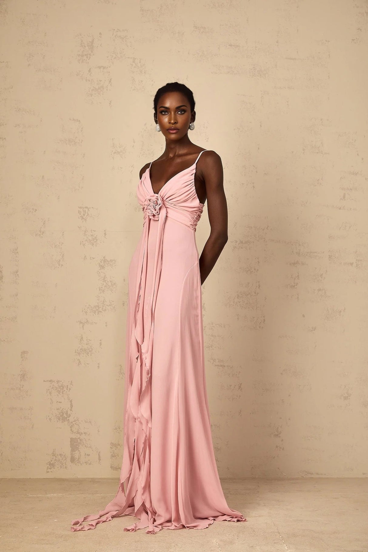 Denise Maxi Dress Pink 3D Petal Tulle & Ribbon Design