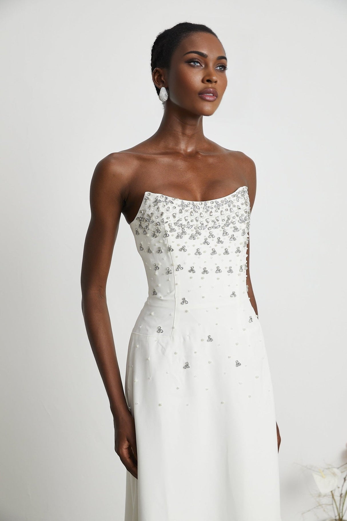Denise Midi Dress - Off the Shoulder - Sleeveless - Fully Embellished - Rear Zip Fastening
