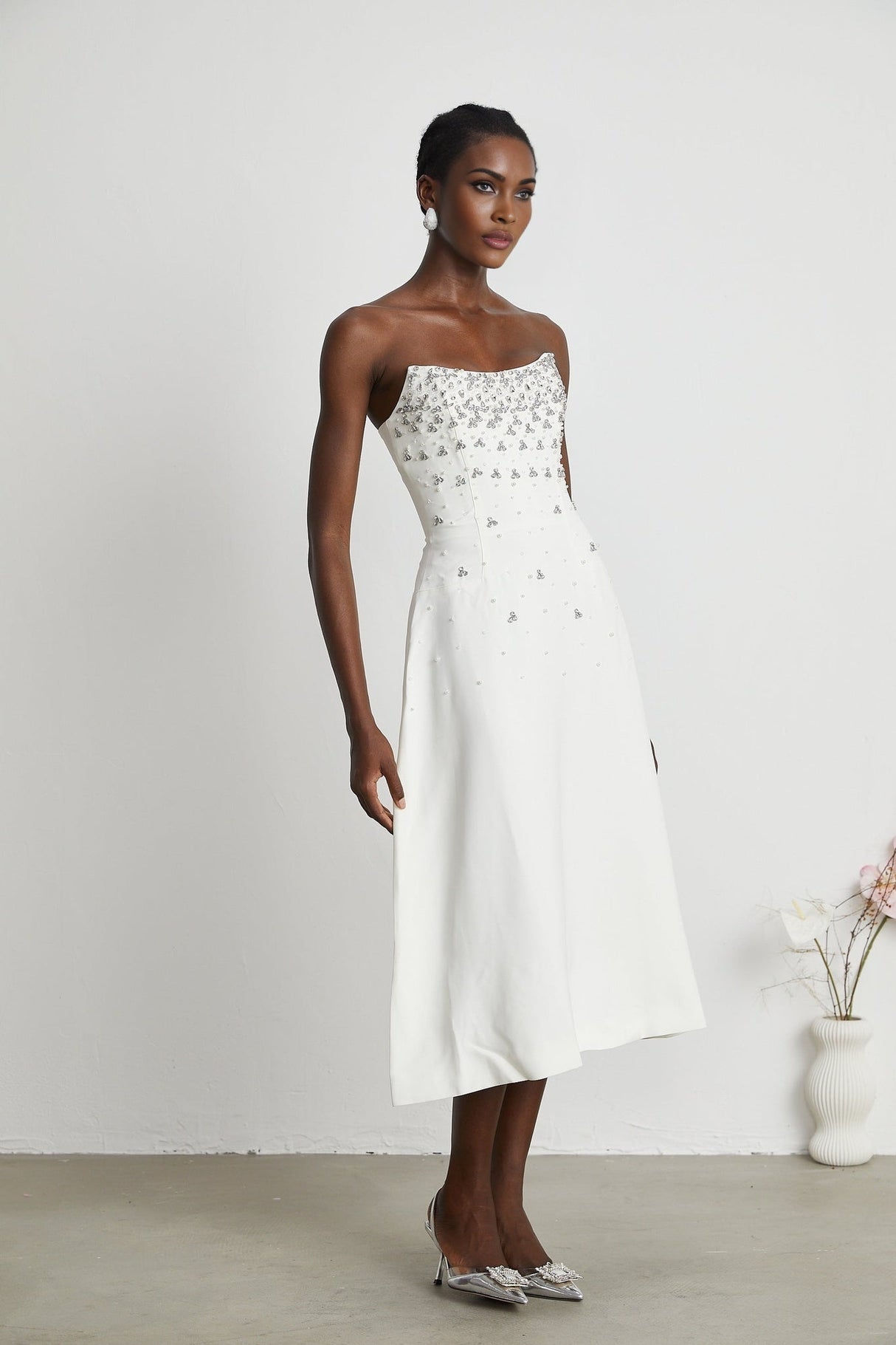 Denise Midi Dress - Off the Shoulder - Sleeveless - Fully Embellished - Rear Zip Fastening
