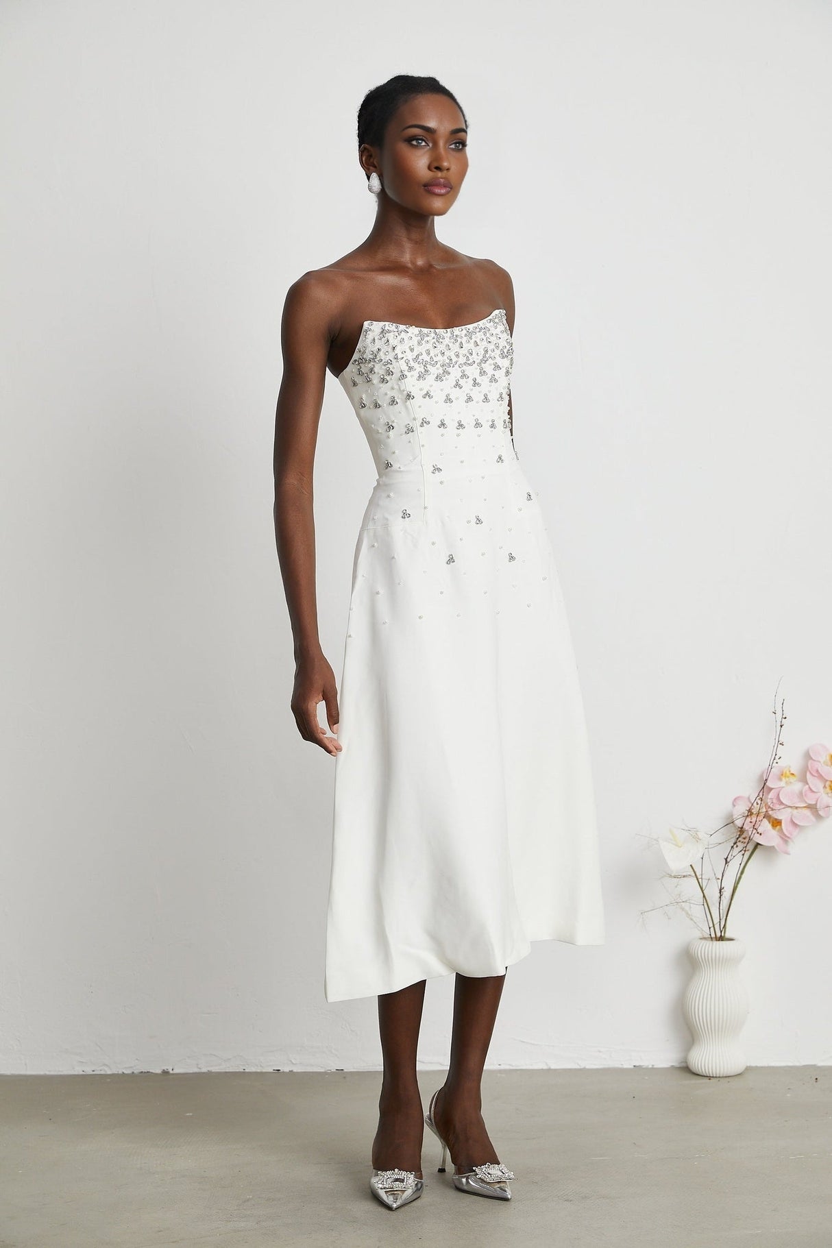 Denise Midi Dress - Off the Shoulder - Sleeveless - Fully Embellished - Rear Zip Fastening