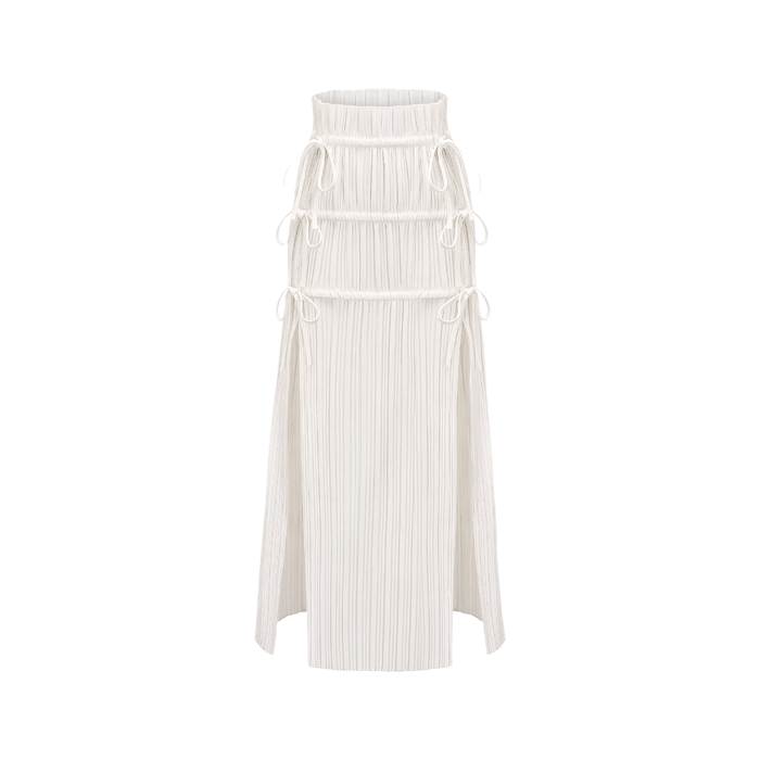 Denise Pleated Maxi Skirt – High Waist – Side Slits – Spaghetti Tie – Elegant Design – Lightweight Fabric