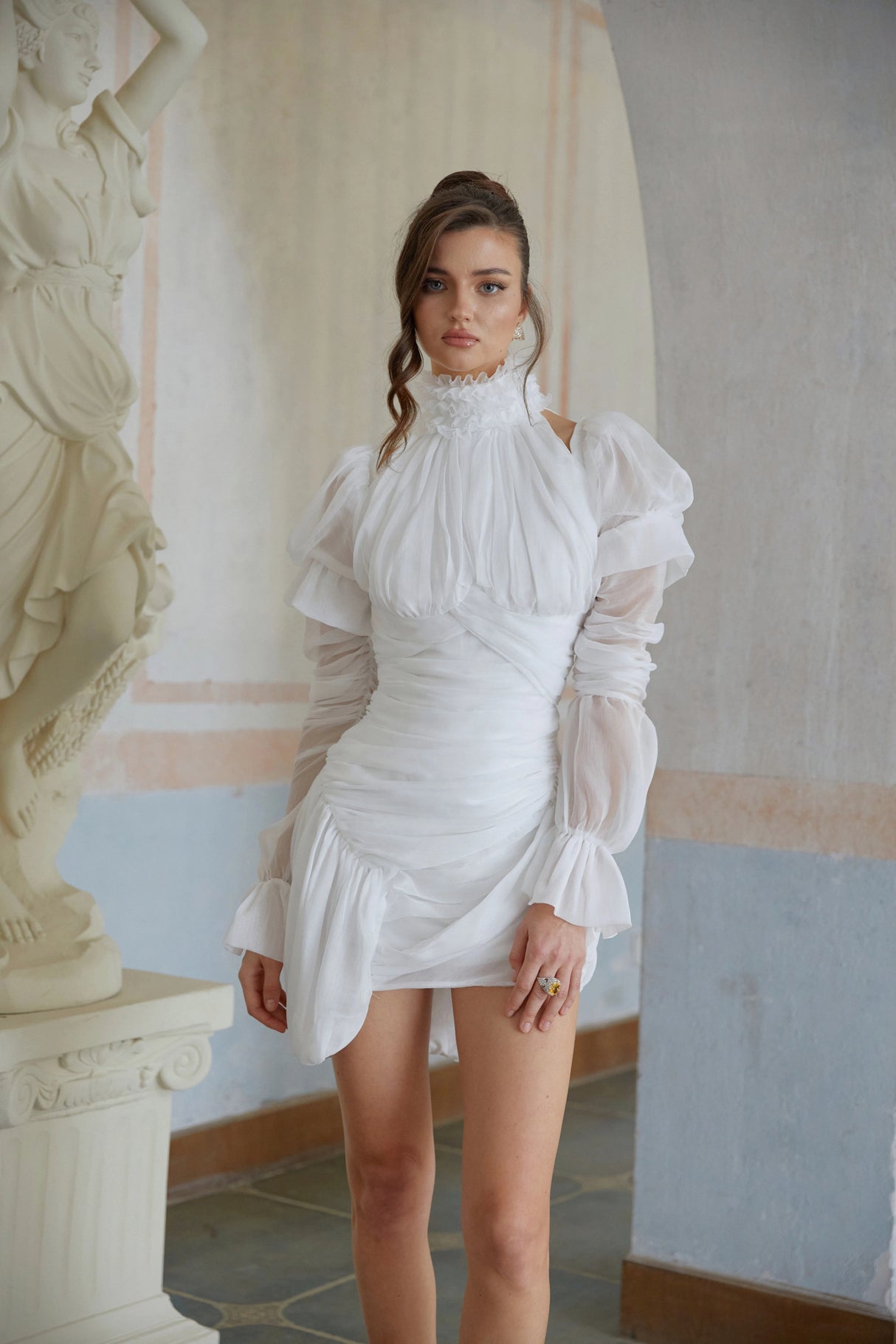 Déotille White Asymmetrical Ruched Mini Dress
