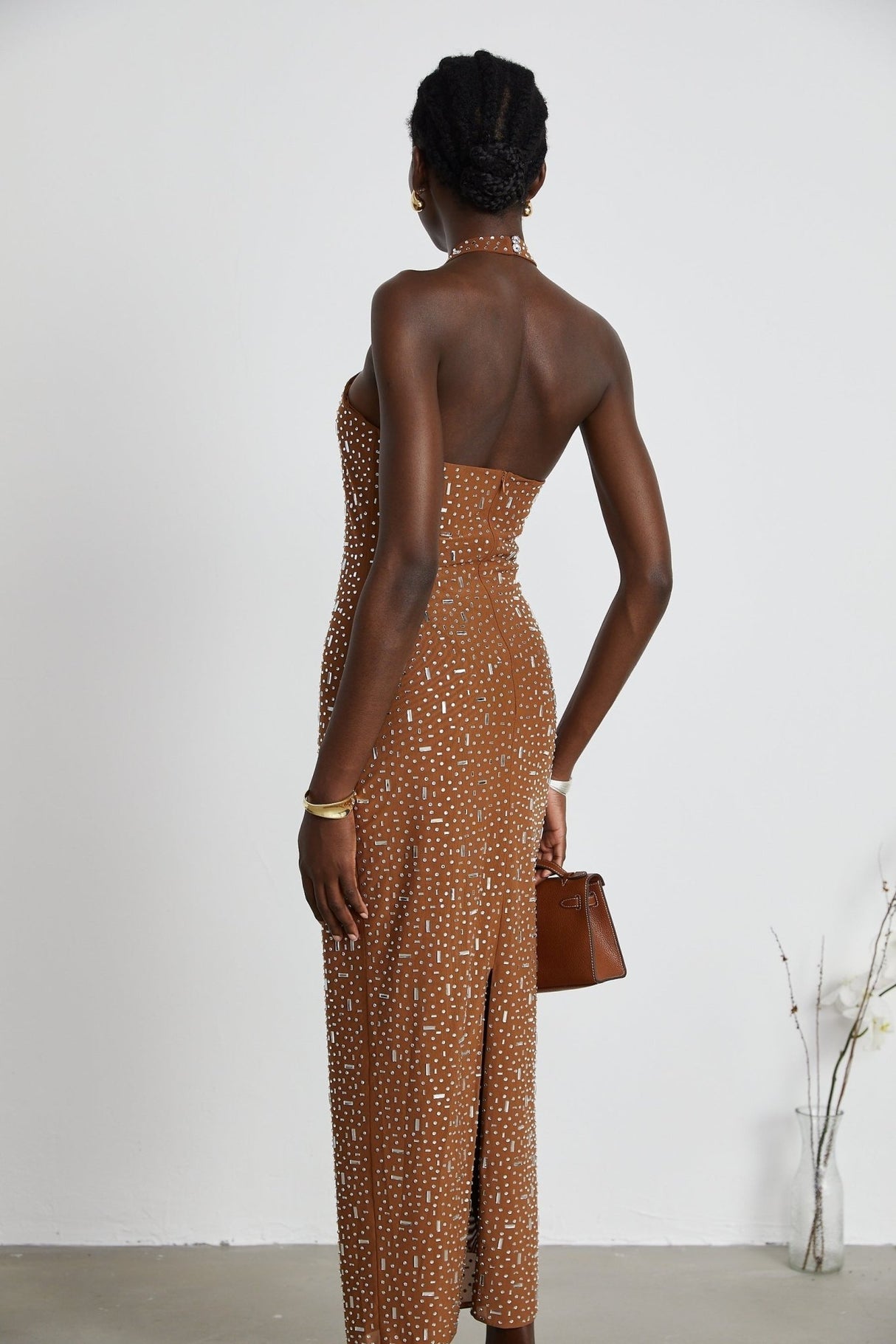 Désirée Maxi Dress - Sleeveless Halterneck Crystal Embellished Fitted Waist Zipper Closure Floor - Length