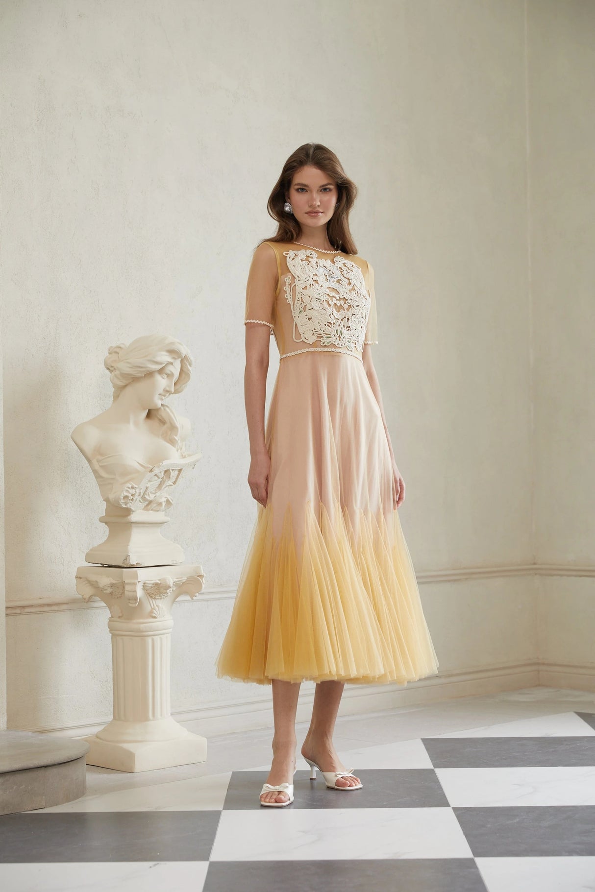 Despoina Yellow Floral Braided Tulle Midi Dress