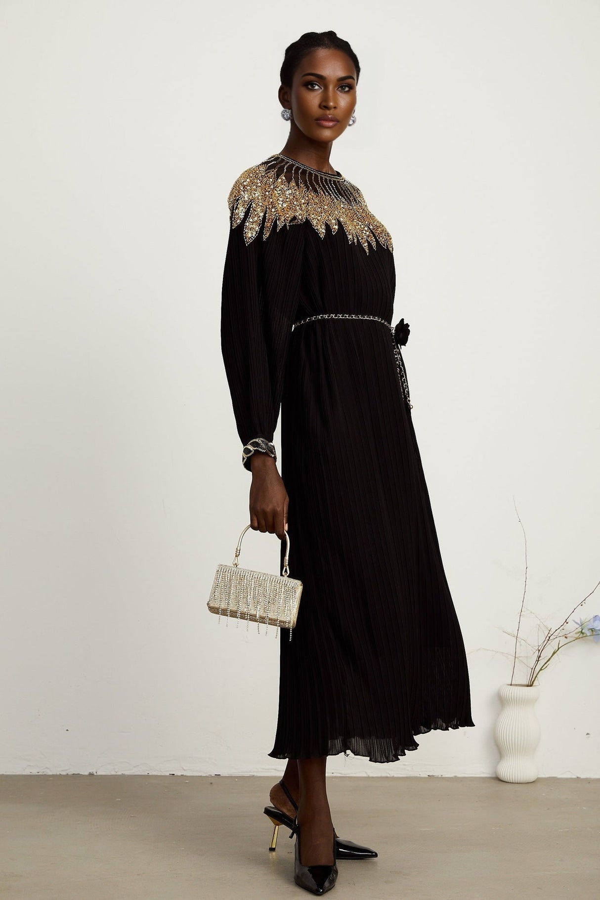 Destiny Midi Dress - Ribbed Design - Sequin Embellishment - Tulle Paneling - Detachable Waist - Tie