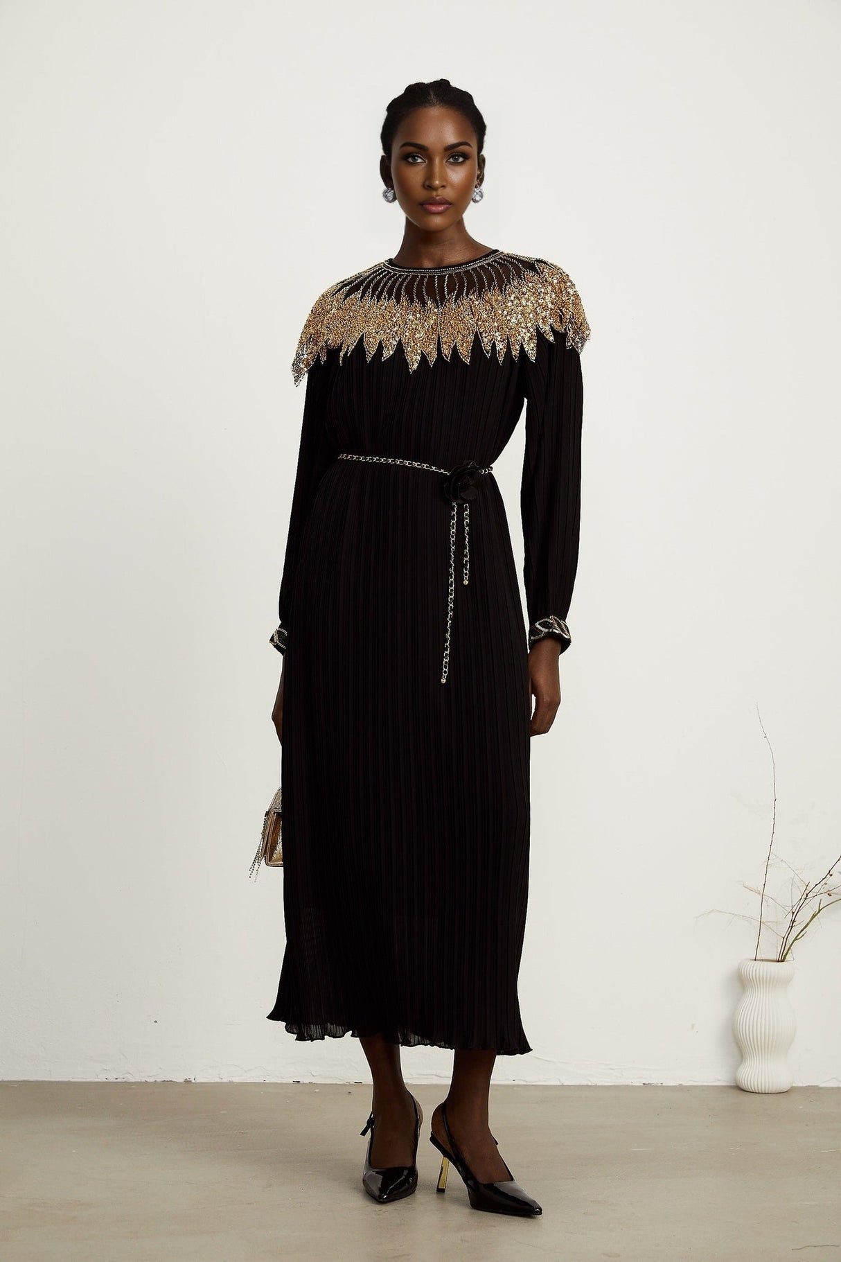 Destiny Midi Dress - Ribbed Design - Sequin Embellishment - Tulle Paneling - Detachable Waist - Tie