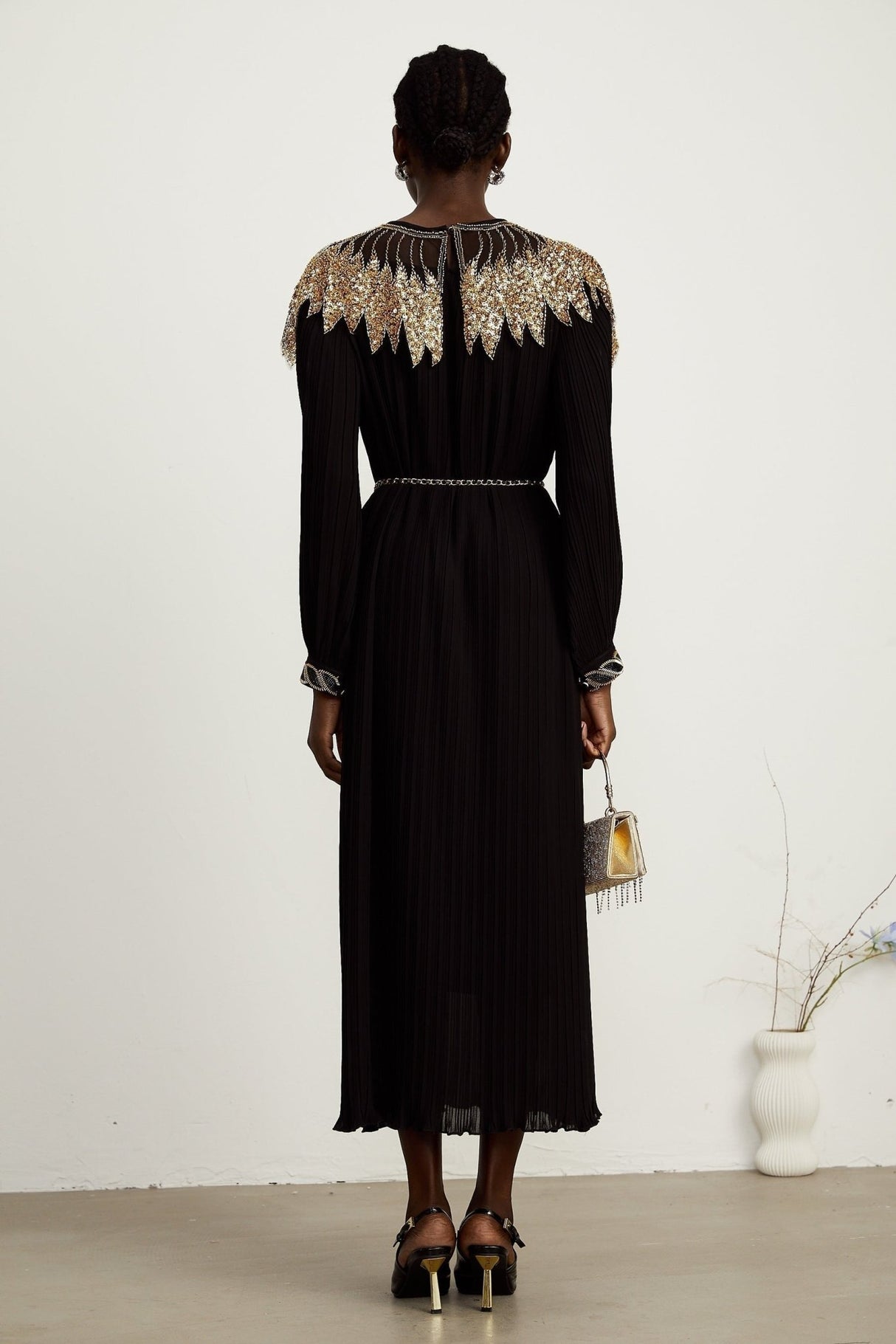 Destiny Midi Dress - Ribbed Design - Sequin Embellishment - Tulle Paneling - Detachable Waist - Tie