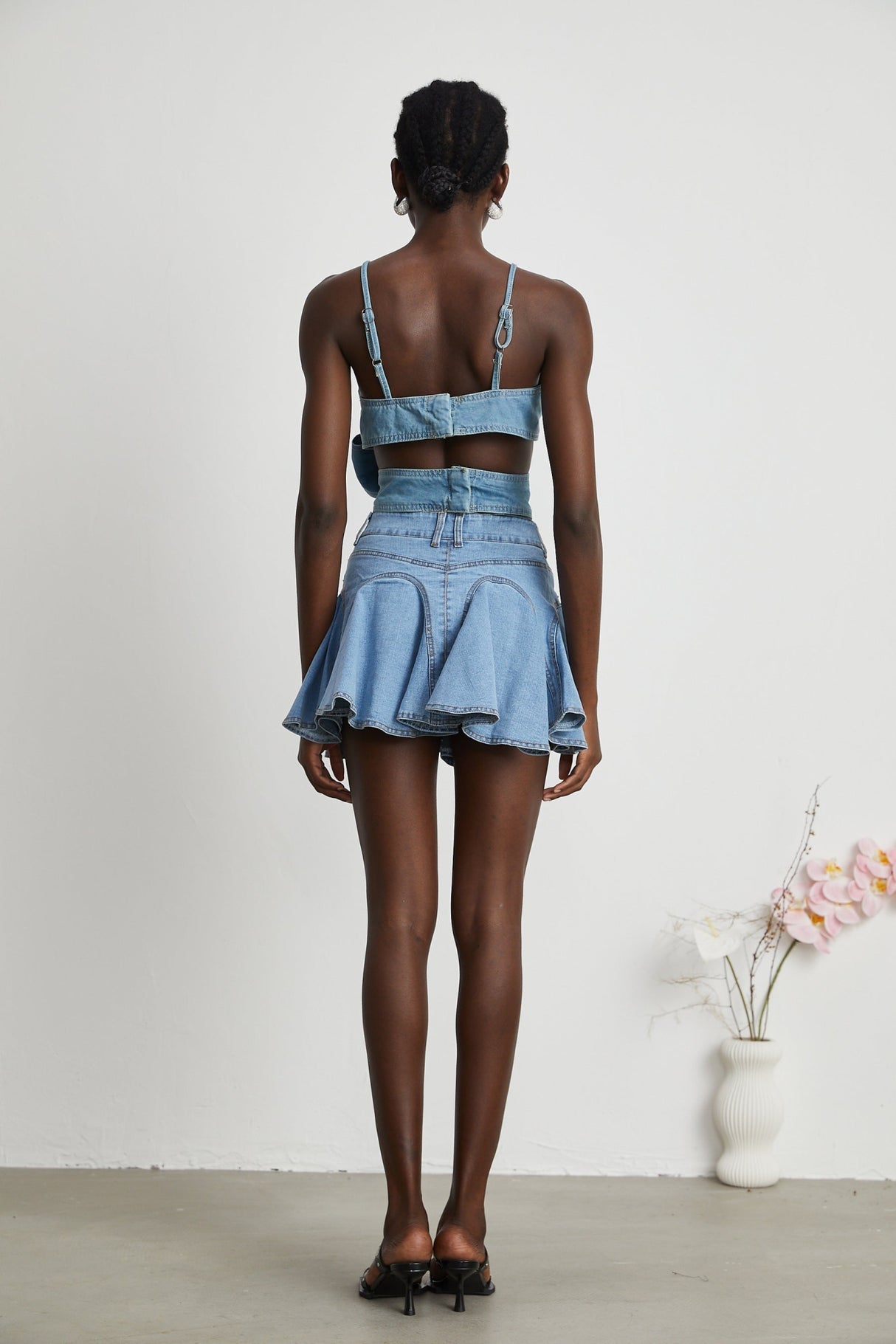 Diana Denim Skirt - Flounce Hem - Pleat Detailing - Ruffled Accents - Side Pockets