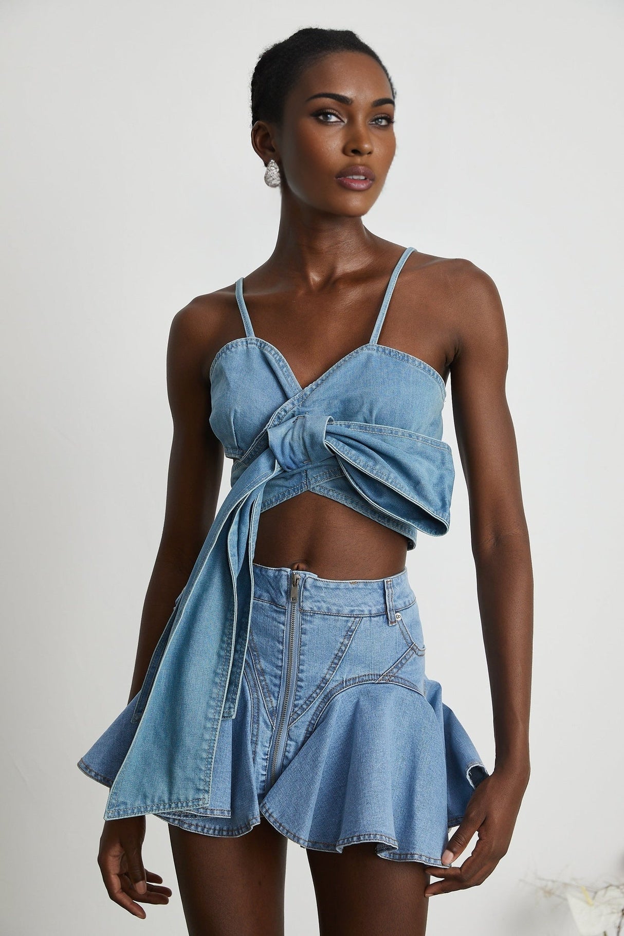 Diana Denim Skirt - Flounce Hem - Pleat Detailing - Ruffled Accents - Side Pockets
