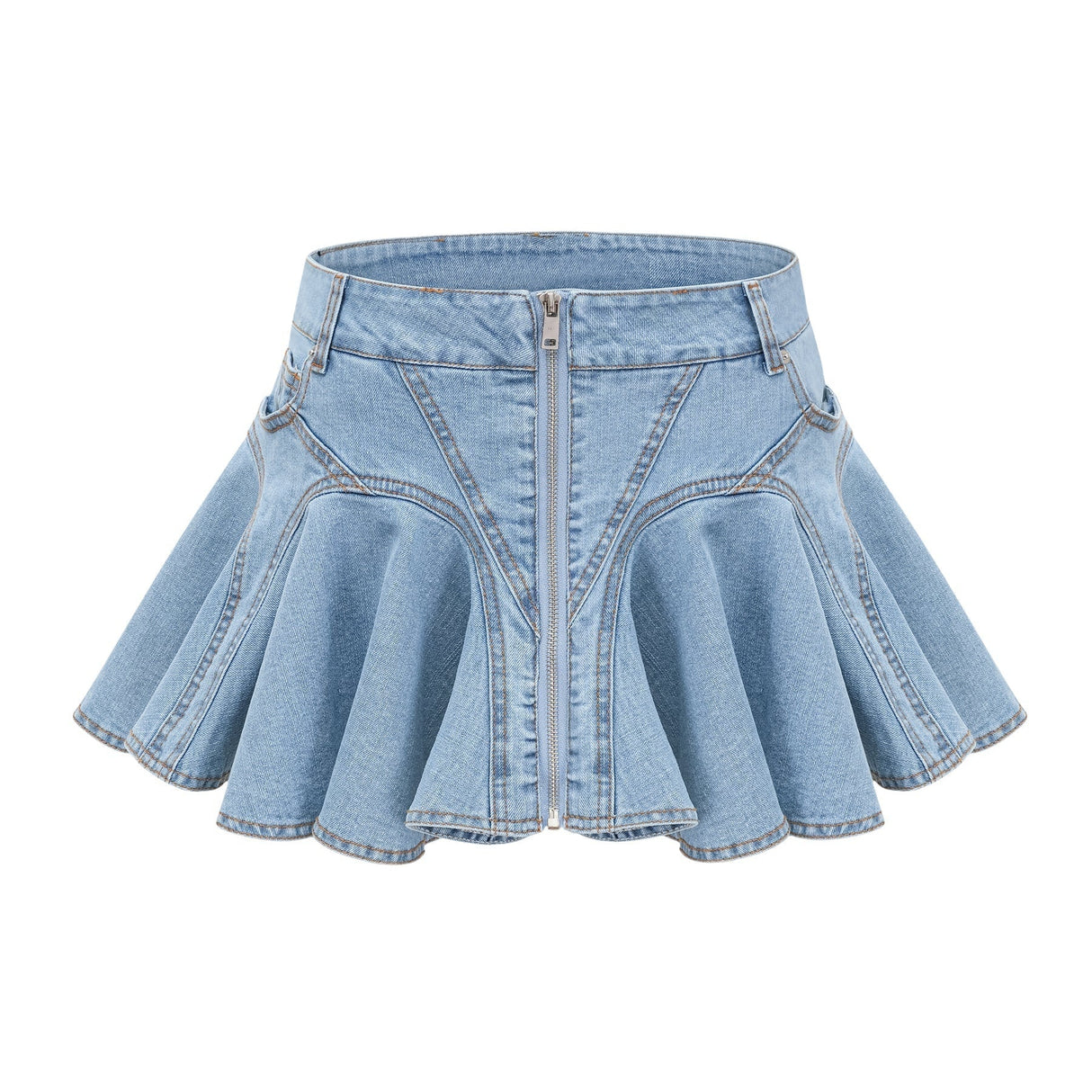 Diana Denim Skirt - Flounce Hem - Pleat Detailing - Ruffled Accents - Side Pockets