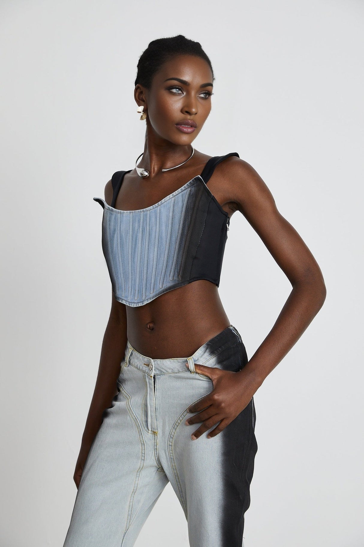 Diana Denim Top - Stretch - Jersey Cropped Design - Concealed Side Fastening