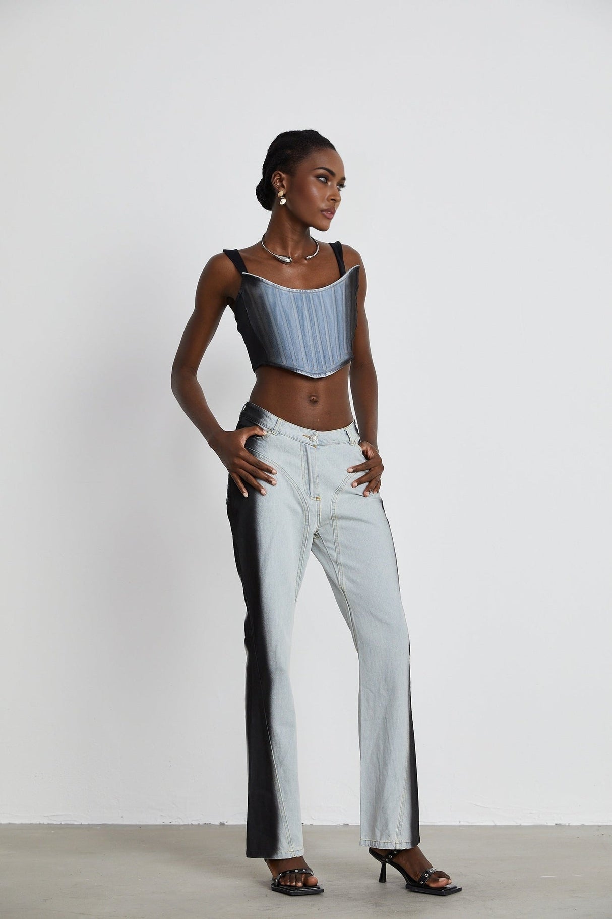 Diana Denim Top - Stretch - Jersey Cropped Design - Concealed Side Fastening