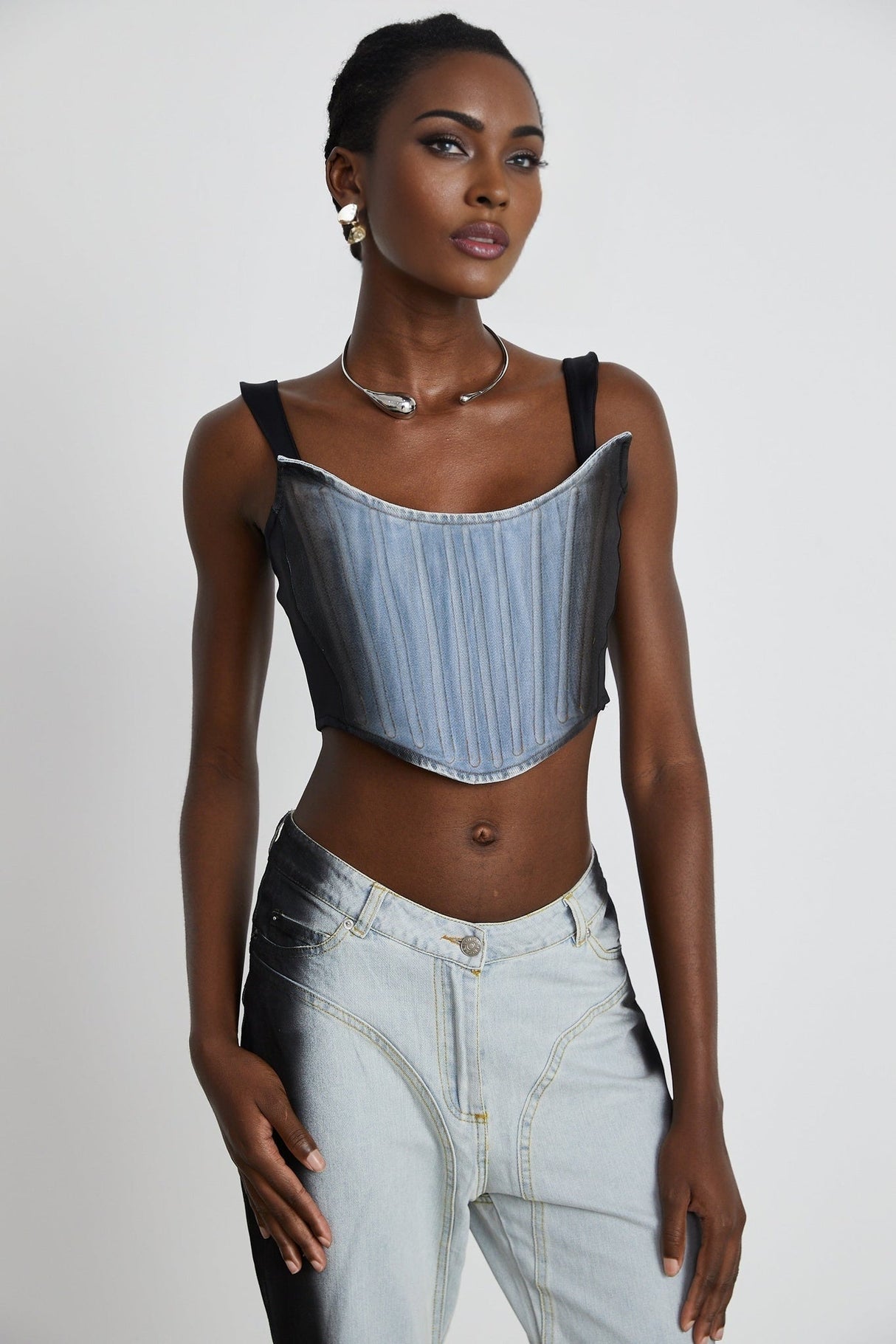 Diana Denim Top - Stretch - Jersey Cropped Design - Concealed Side Fastening