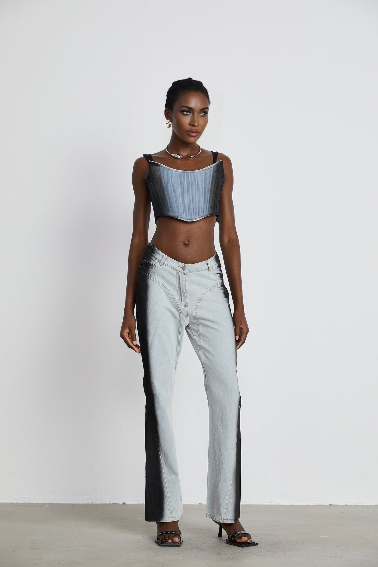 Diana Denim Top - Stretch - Jersey Cropped Design - Concealed Side Fastening