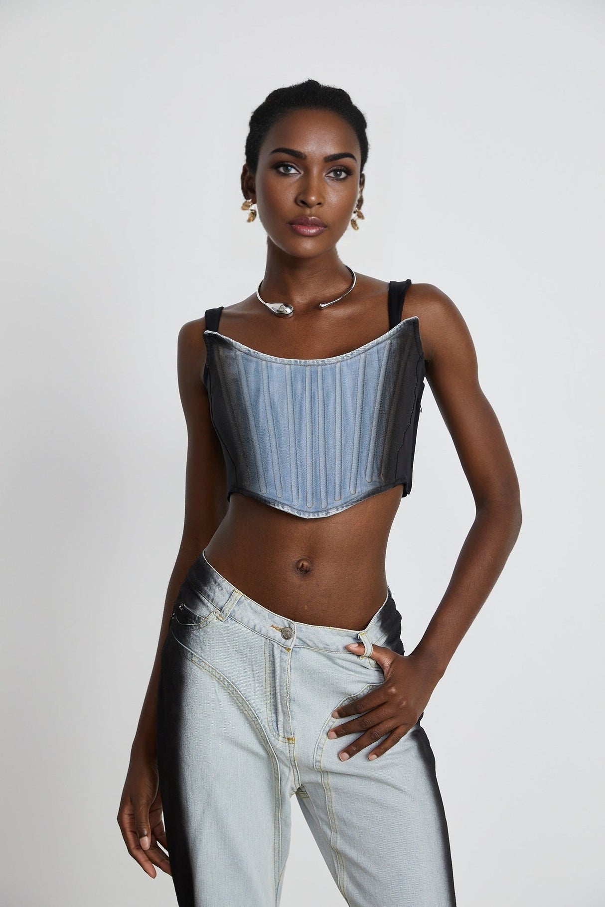 Diana Denim Top - Stretch - Jersey Cropped Design - Concealed Side Fastening