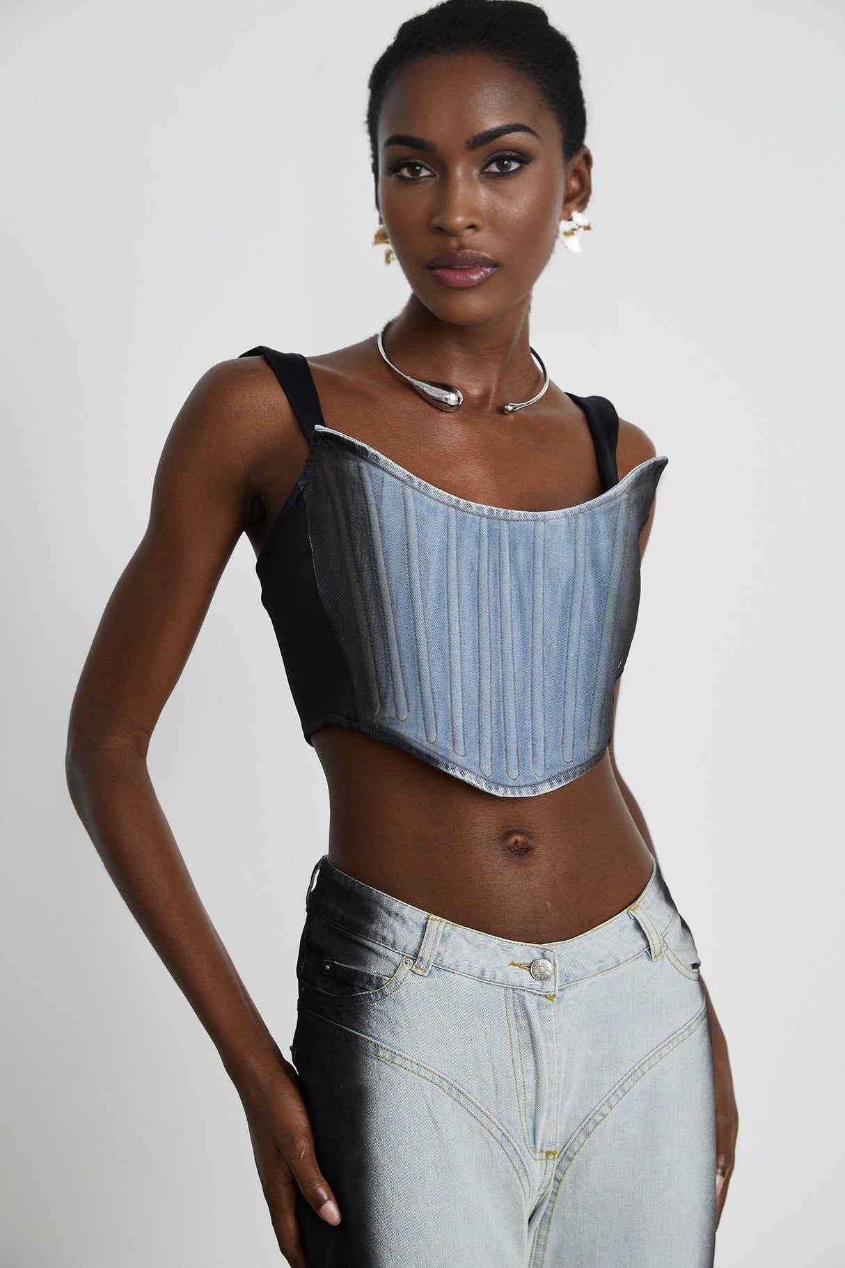 Diana Denim Top - Stretch - Jersey Cropped Design - Concealed Side Fastening
