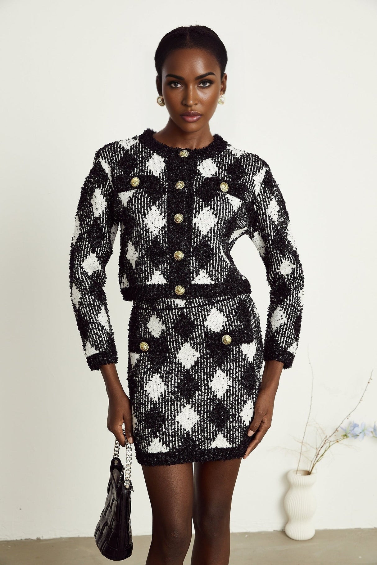 Diana Jacket & Skirt - Argyle Check Design - Tone Buttons - Cropped Length - Corded Knit