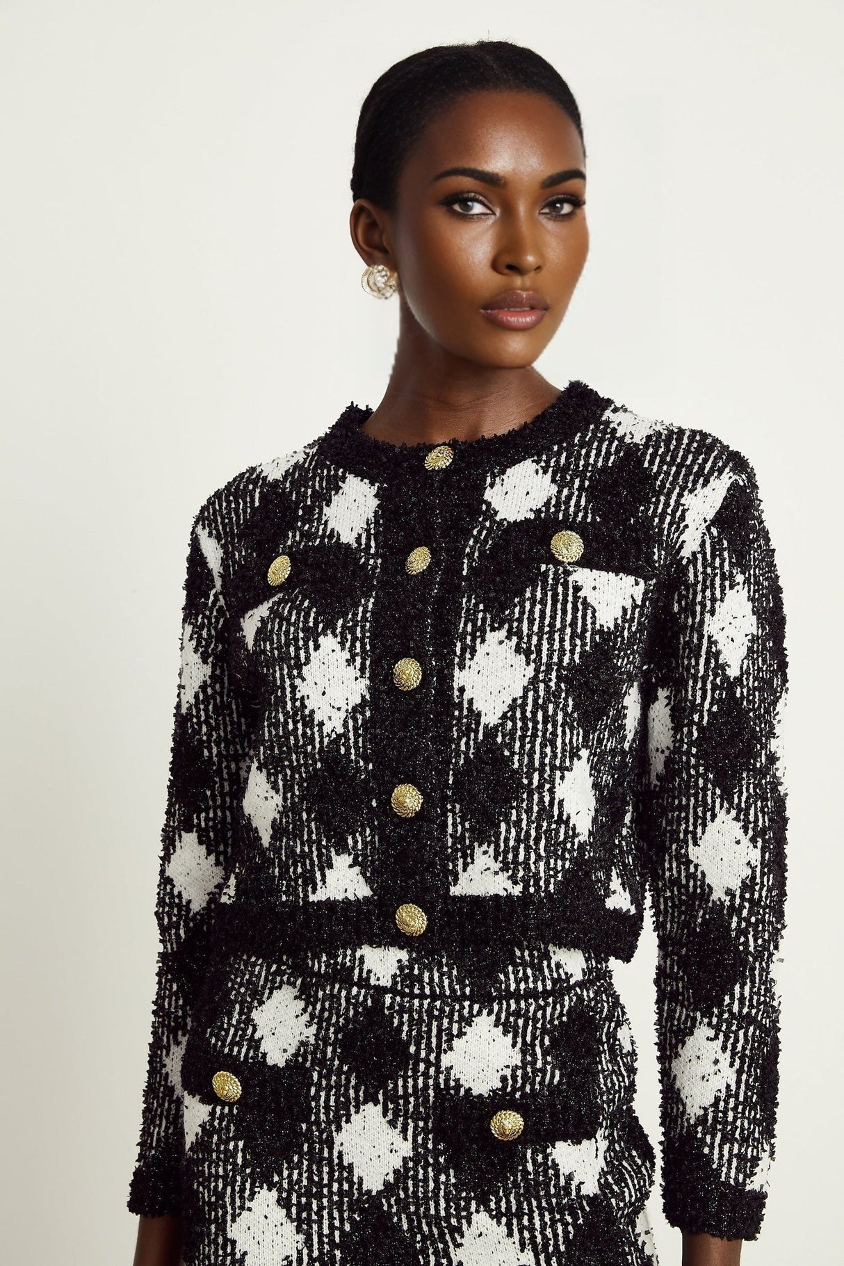 Diana Jacket & Skirt - Argyle Check Design - Tone Buttons - Cropped Length - Corded Knit