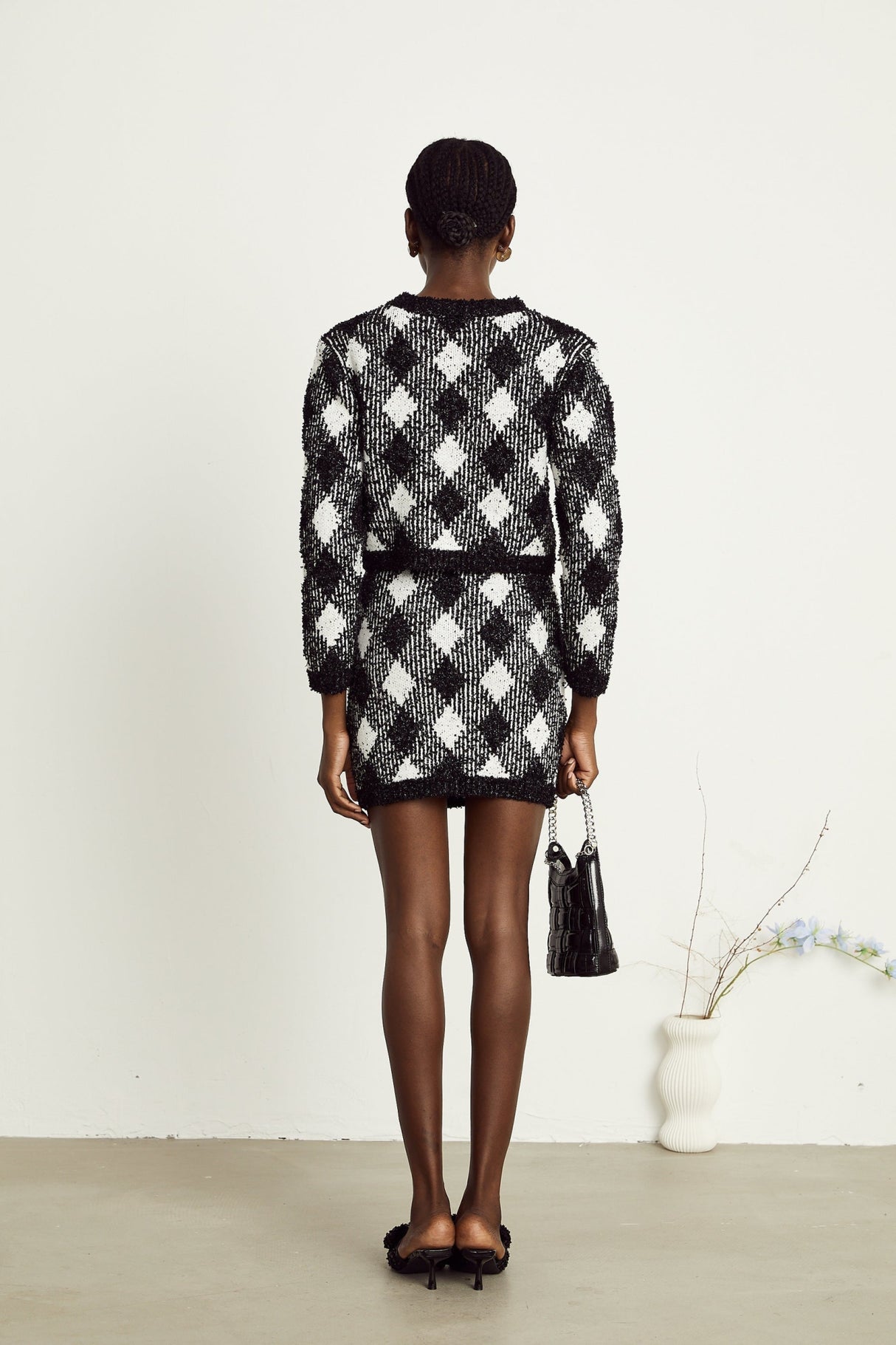 Diana Jacket & Skirt - Argyle Check Design - Tone Buttons - Cropped Length - Corded Knit