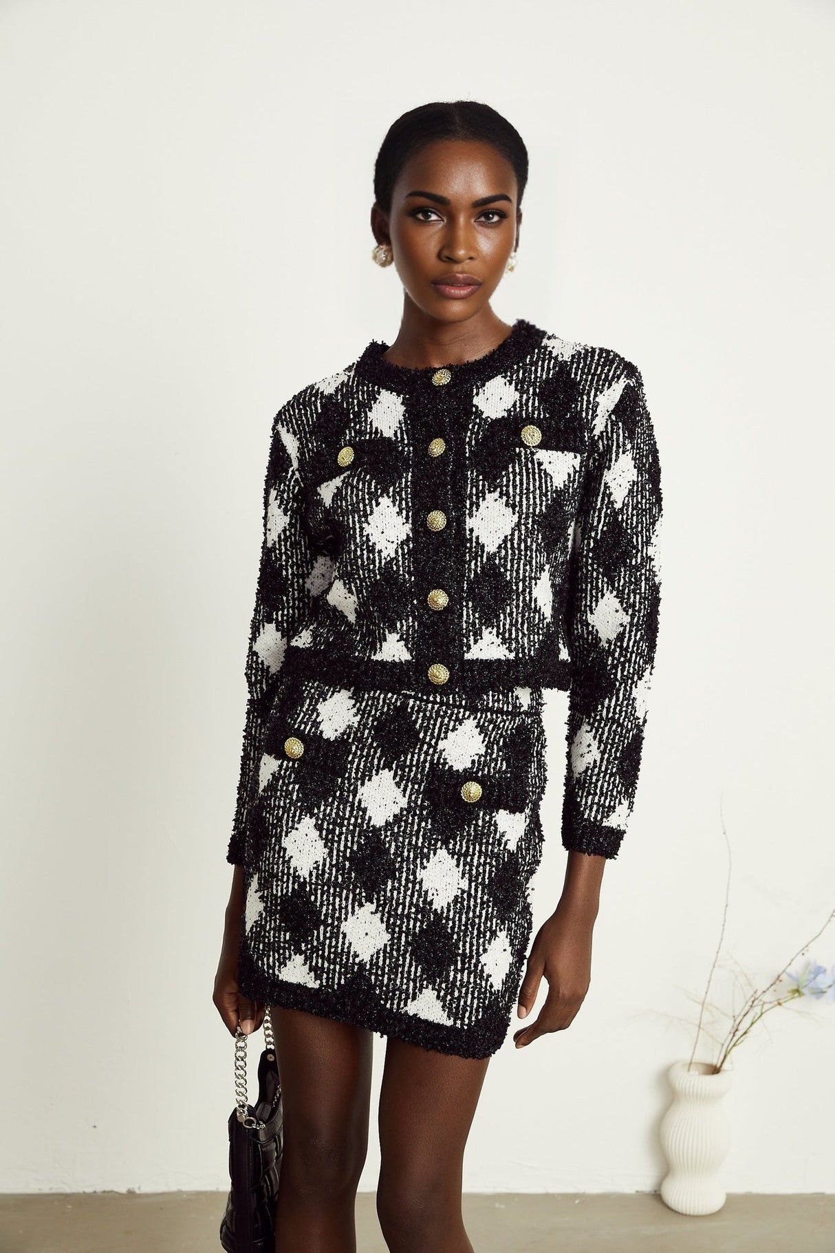 Diana Jacket & Skirt - Argyle Check Design - Tone Buttons - Cropped Length - Corded Knit