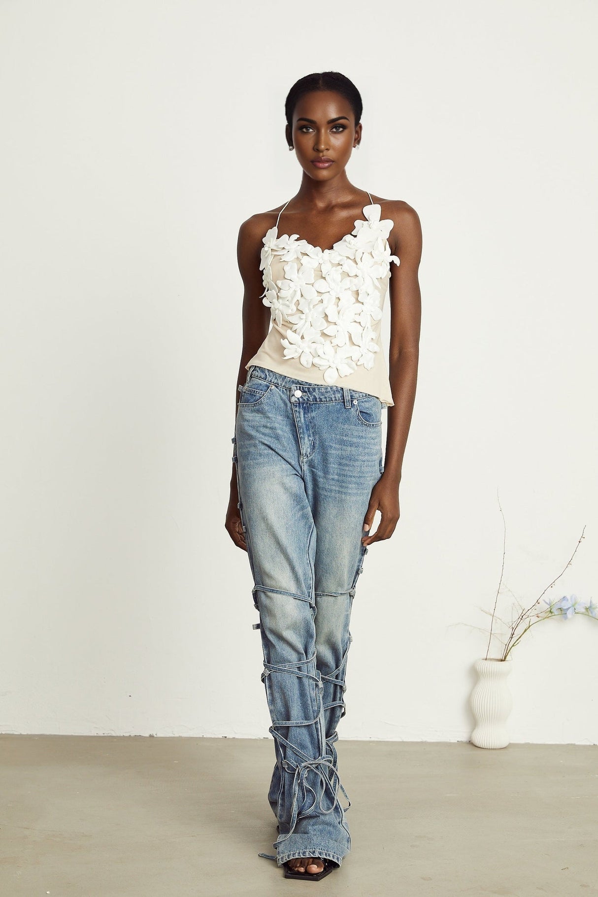 Diana Jeans - Strap Detailing - Whiskering Effect - Off - Center Button Fastening - Five Pockets