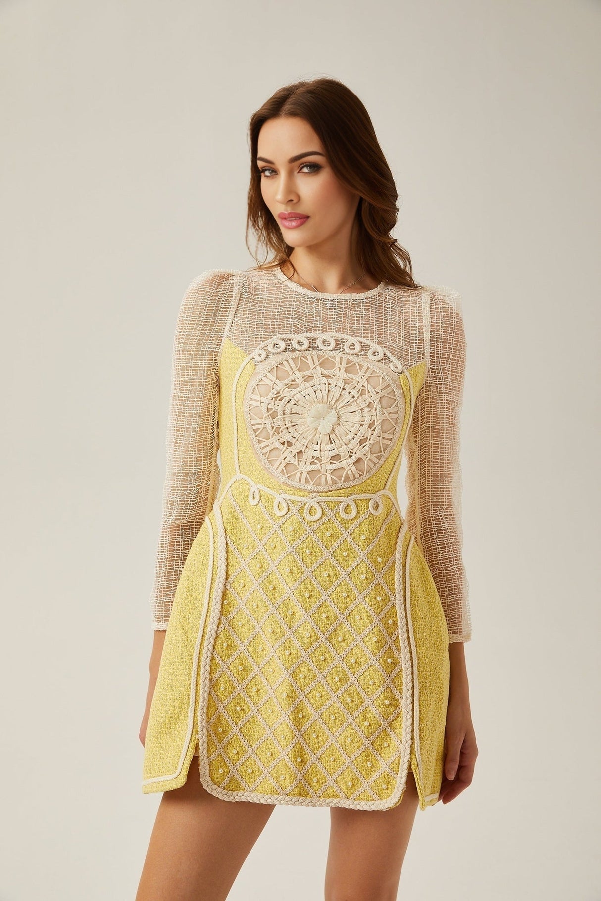 Diana Mini Dress - Faux - Pearl Embellishment - Semi - Sheer Construction - Long Sleeves - A - Line Silhouette - Rear Zip Fastening