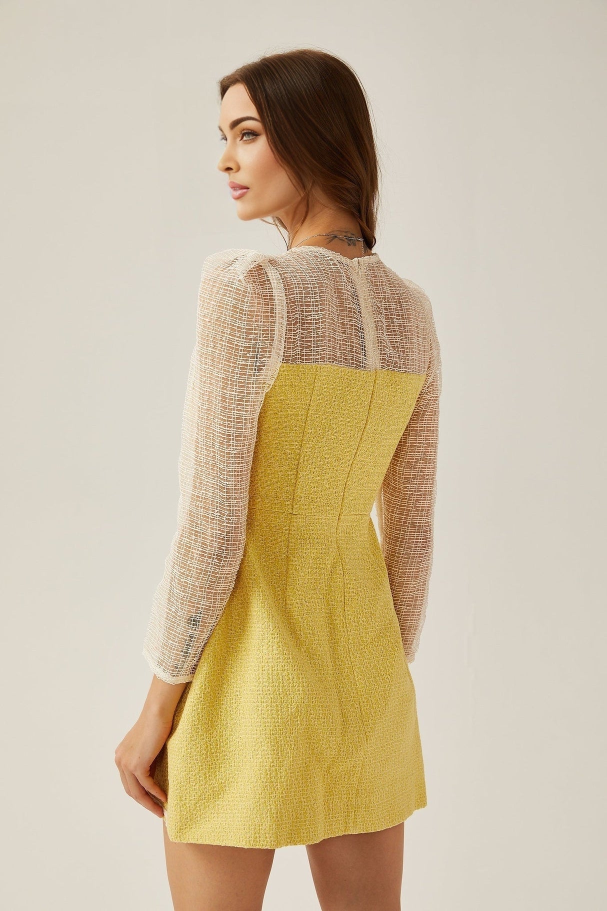 Diana Mini Dress - Faux - Pearl Embellishment - Semi - Sheer Construction - Long Sleeves - A - Line Silhouette - Rear Zip Fastening