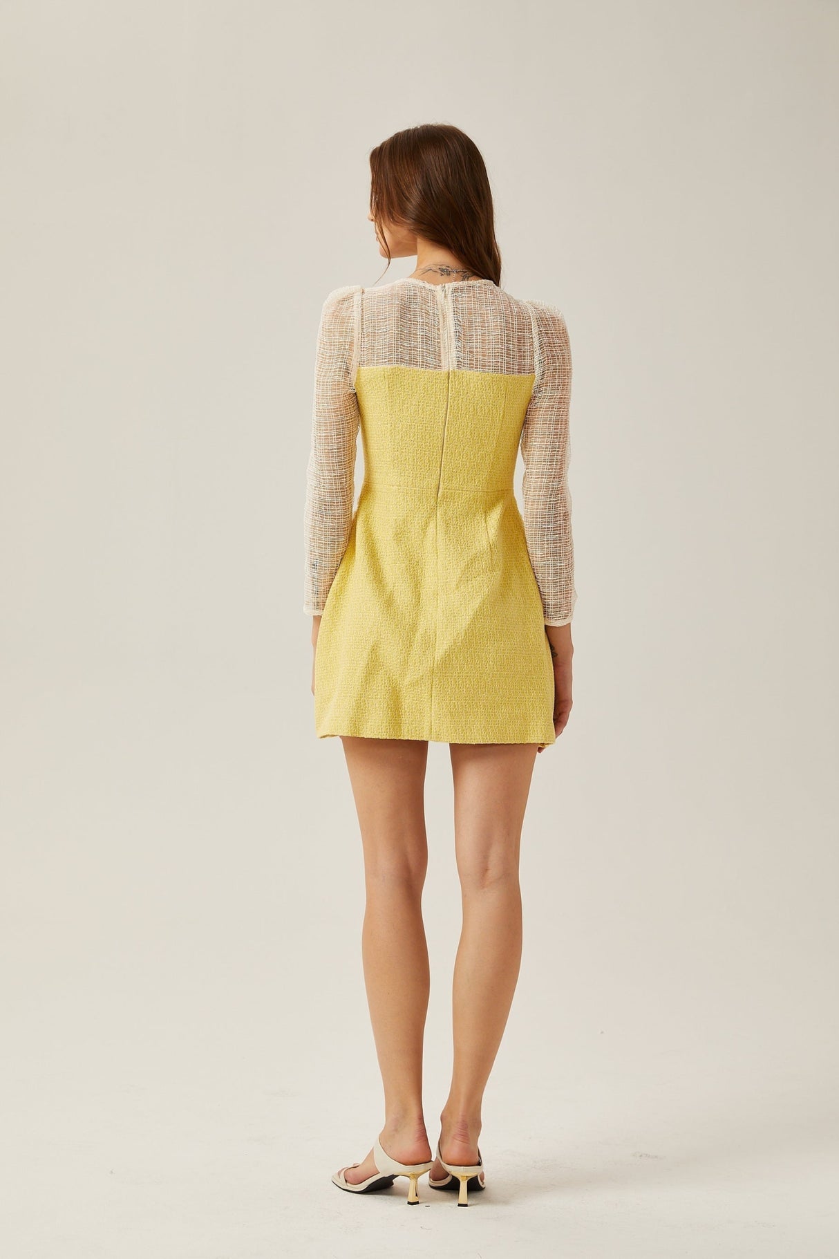 Diana Mini Dress - Faux - Pearl Embellishment - Semi - Sheer Construction - Long Sleeves - A - Line Silhouette - Rear Zip Fastening