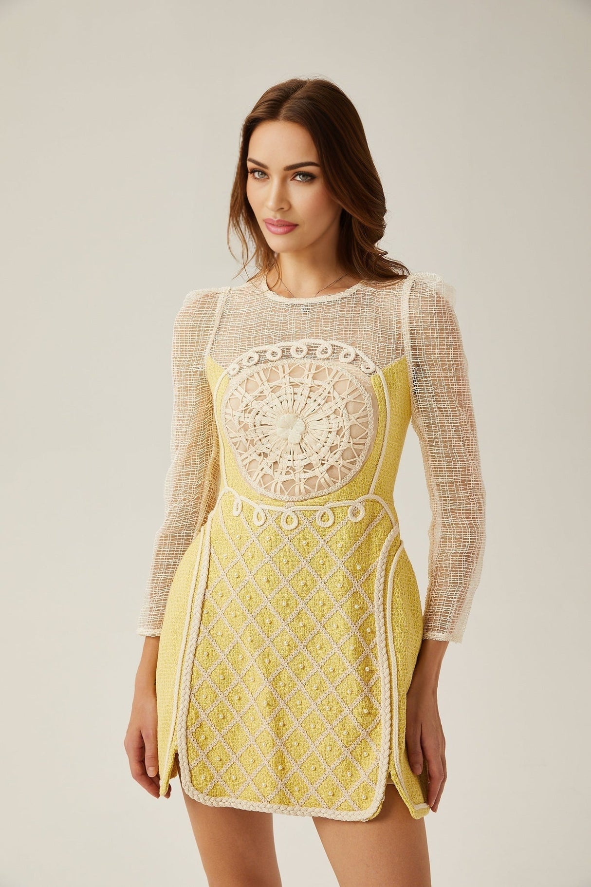 Diana Mini Dress - Faux - Pearl Embellishment - Semi - Sheer Construction - Long Sleeves - A - Line Silhouette - Rear Zip Fastening