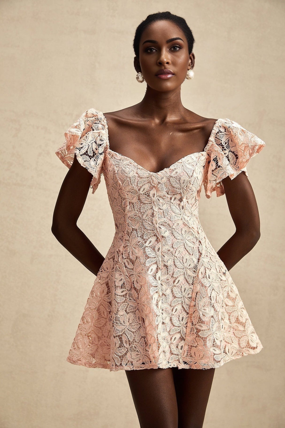 Diana Mini Dress - Lace Overlay - Sweetheart Neckline - Flutter Sleeves - Open Back - Flared Skirt