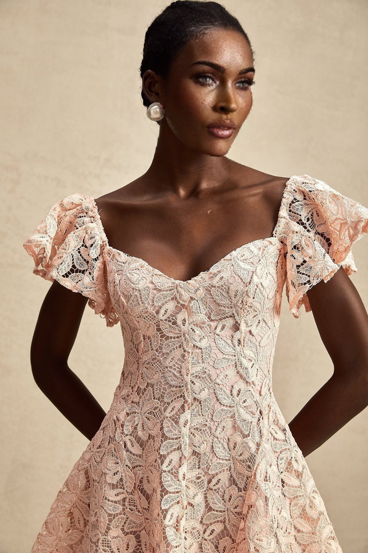 Diana Mini Dress - Lace Overlay - Sweetheart Neckline - Flutter Sleeves - Open Back - Flared Skirt