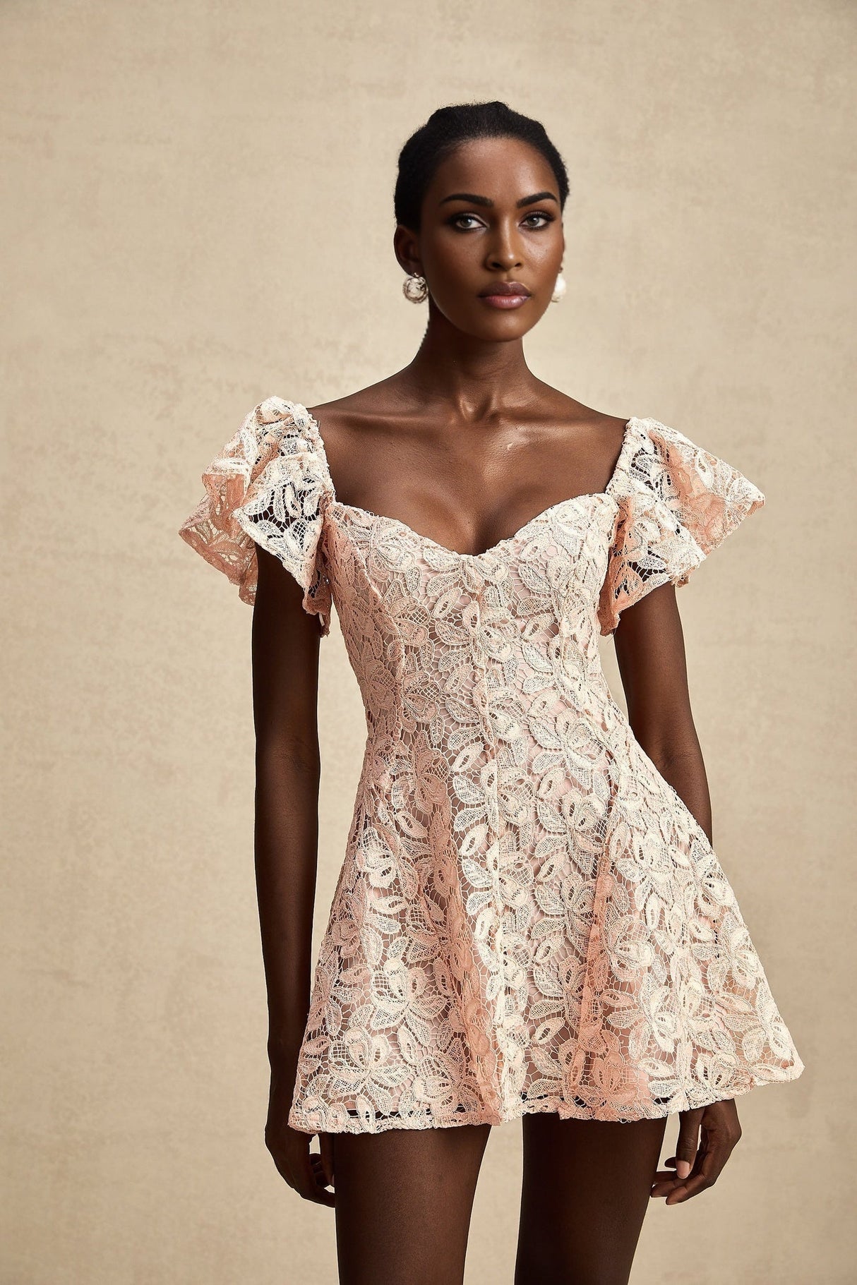 Diana Mini Dress - Lace Overlay - Sweetheart Neckline - Flutter Sleeves - Open Back - Flared Skirt