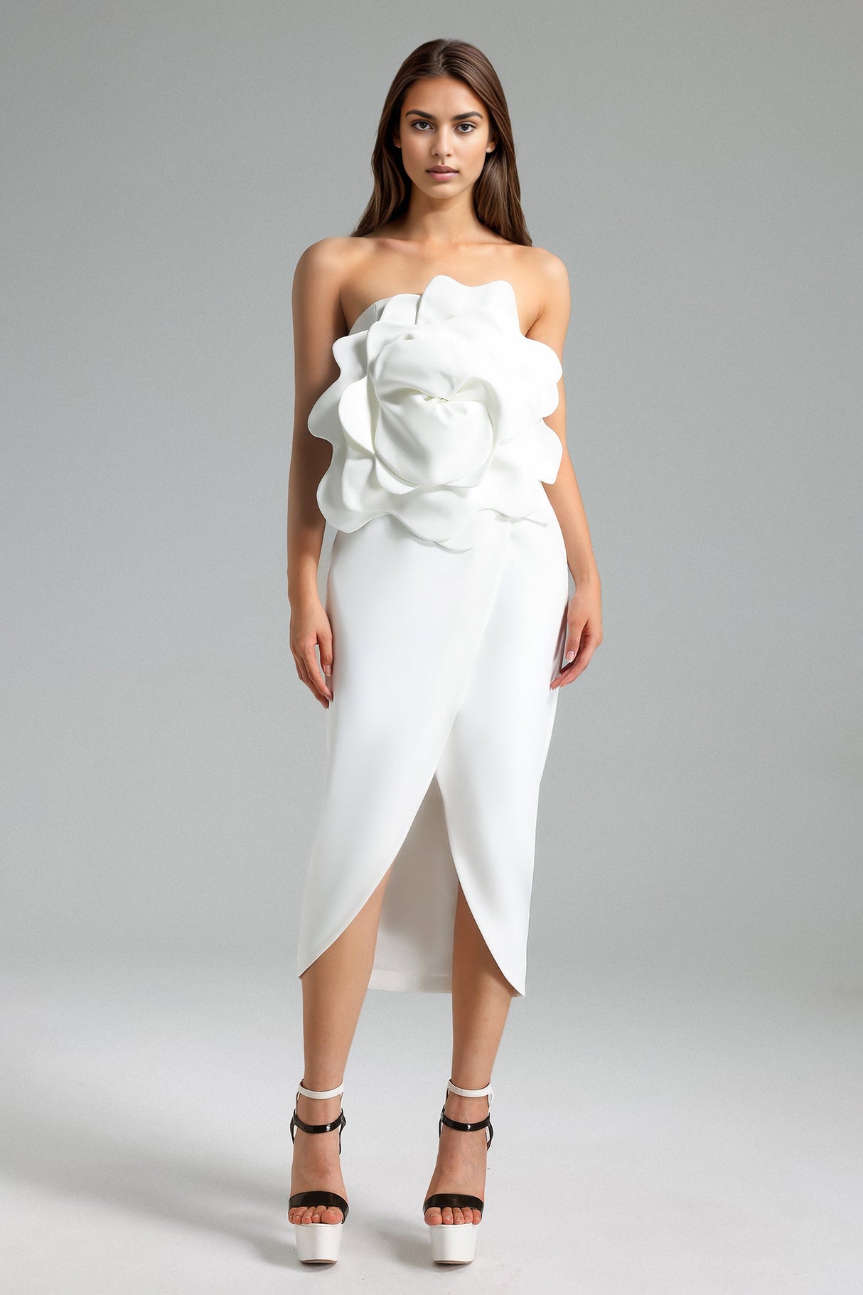 Diana White Floral Detail Midi Dress Elegant Silhouette Side Slit Strapless Neckline