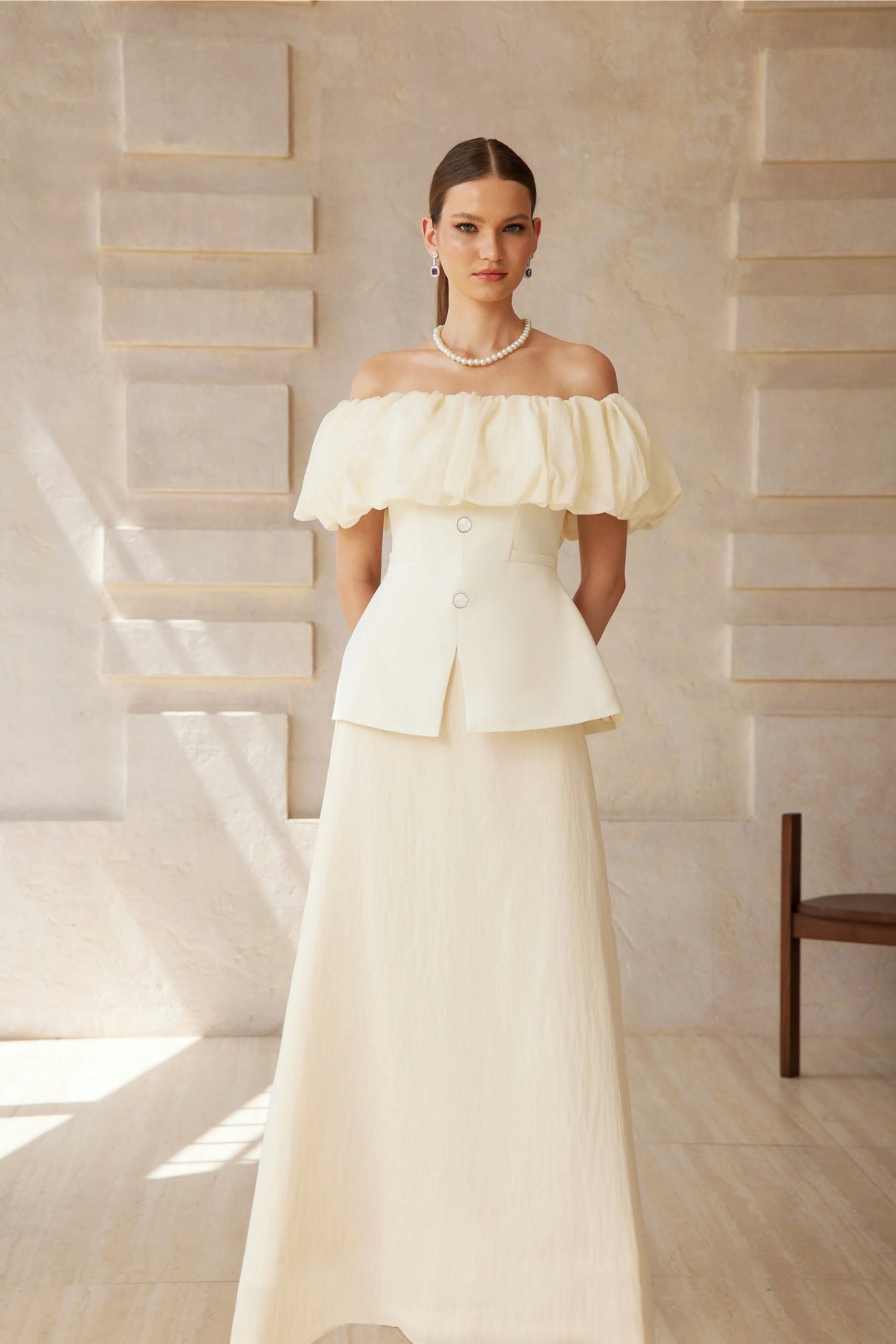Dianthe White Off Shoulder Shirred Top Skirt Set