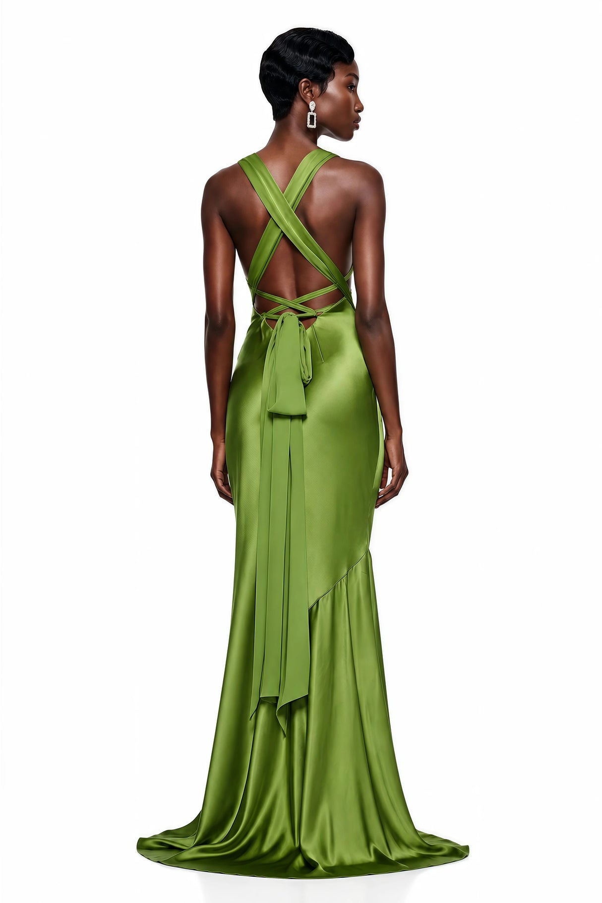Didem Green Plunge Neck Satin Maxi Dress