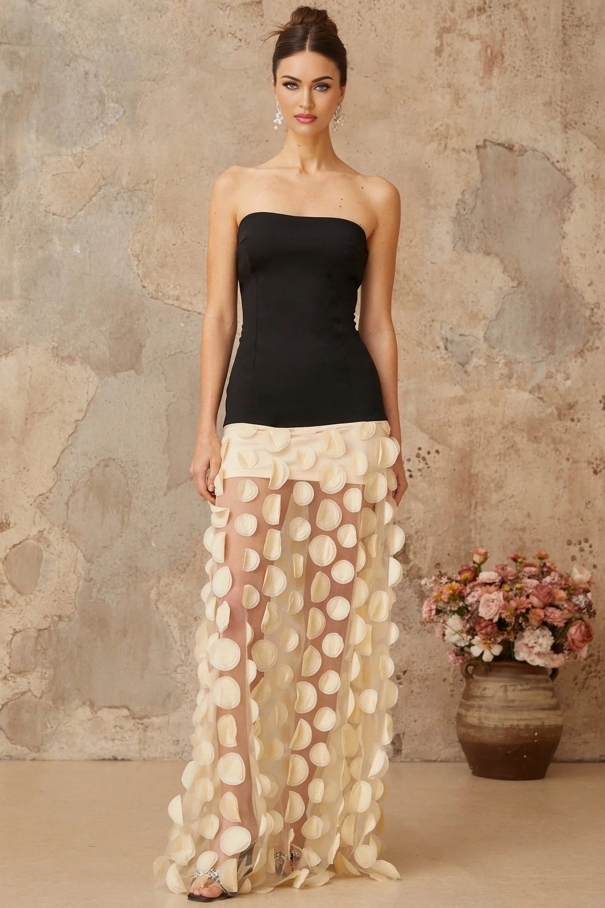 Diletta Maxi Dress Black & Neutrals 3D - Polka - Dot Elegant Tulle Paneling