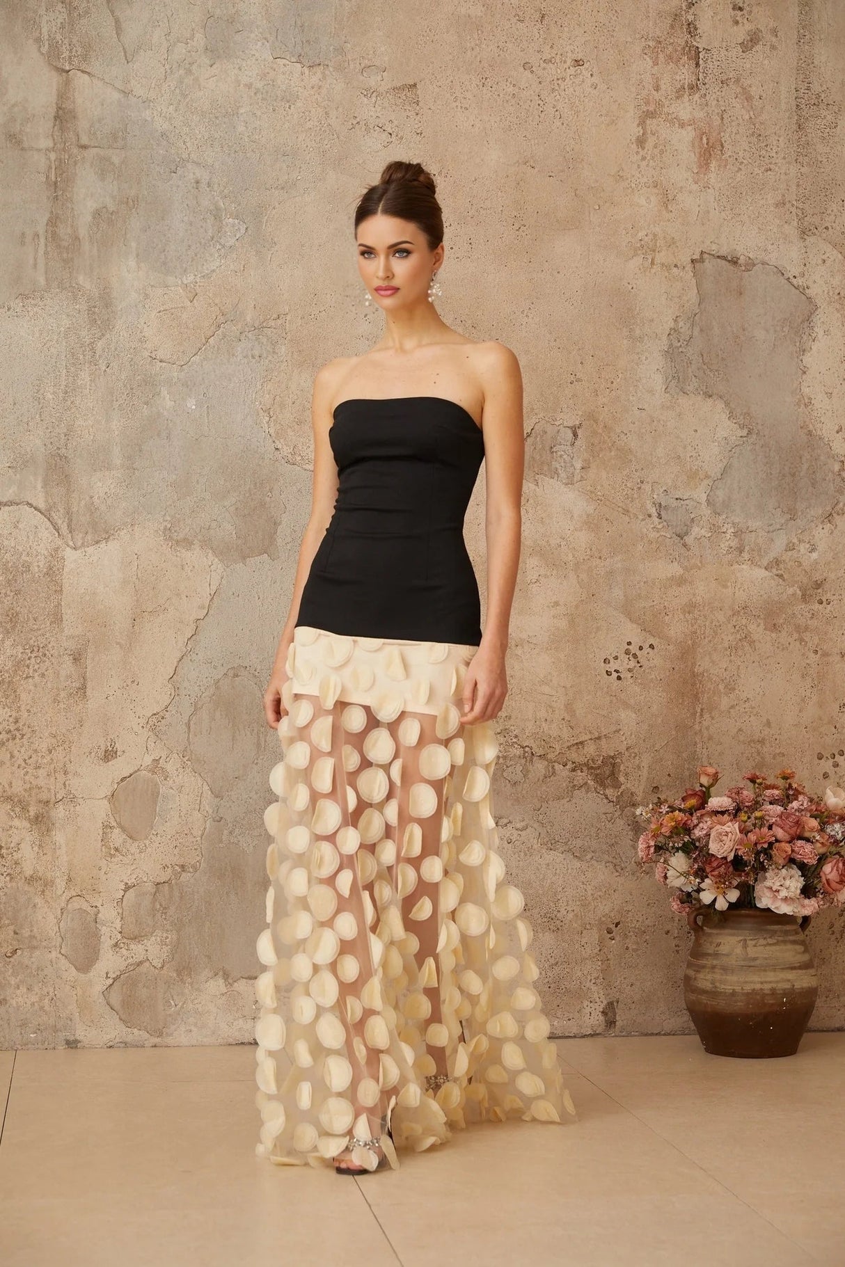 Diletta Maxi Dress Black & Neutrals 3D - Polka - Dot Elegant Tulle Paneling