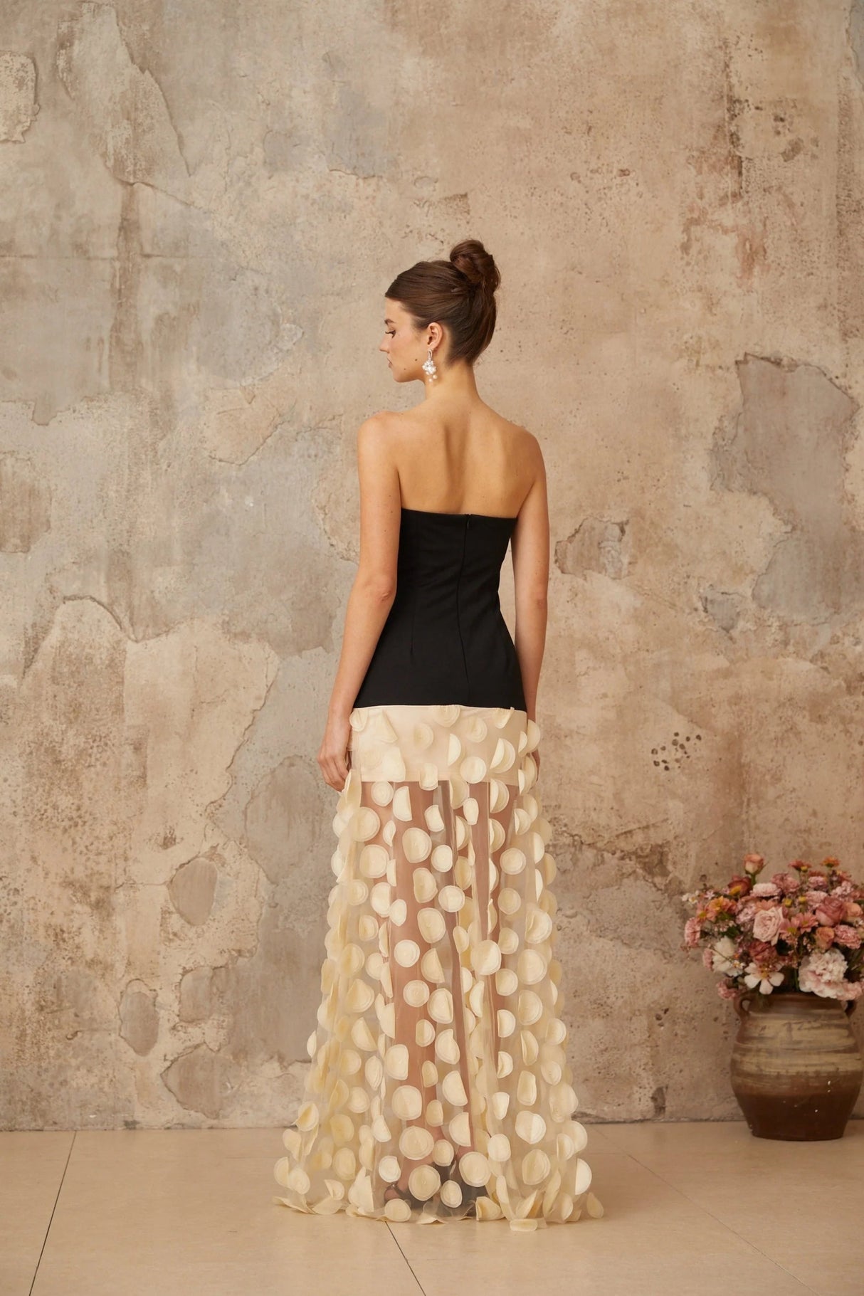 Diletta Maxi Dress Black & Neutrals 3D - Polka - Dot Elegant Tulle Paneling