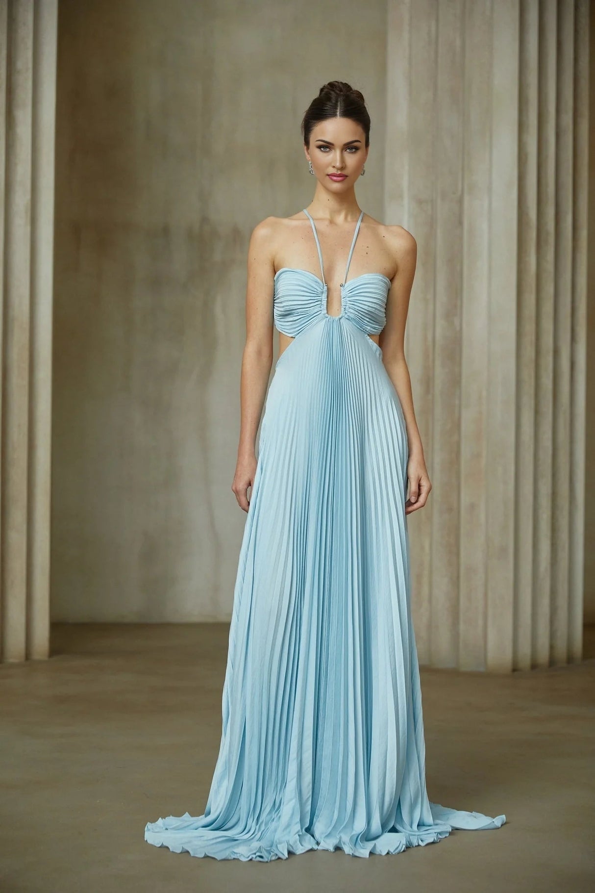 Diletta Maxi Dress Blue Pleated Cut - Out Halter - neck Train & Zip Detail